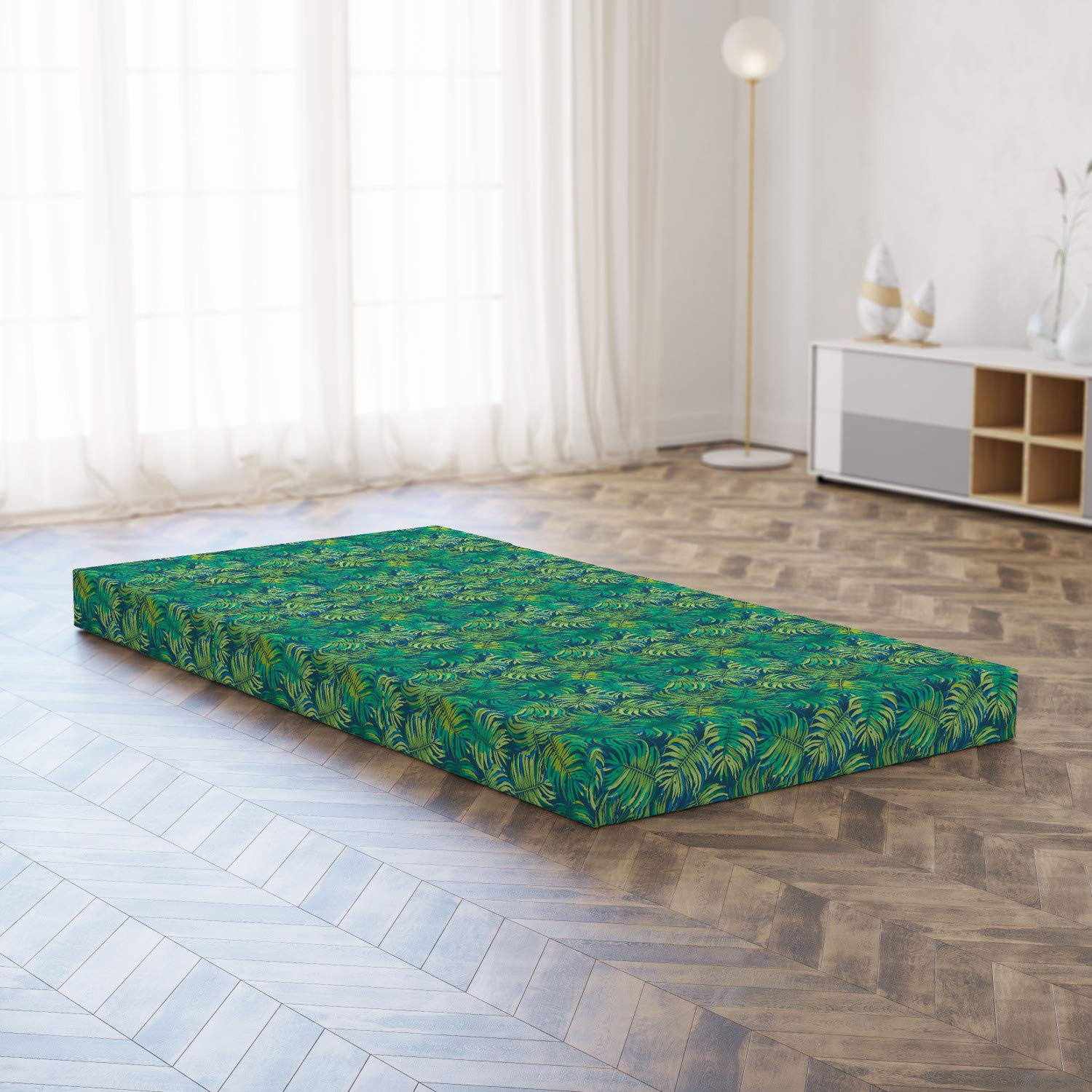 Ambesonne Foldable Mattress with Hawaiian Tropical Leaves Design, 74.8