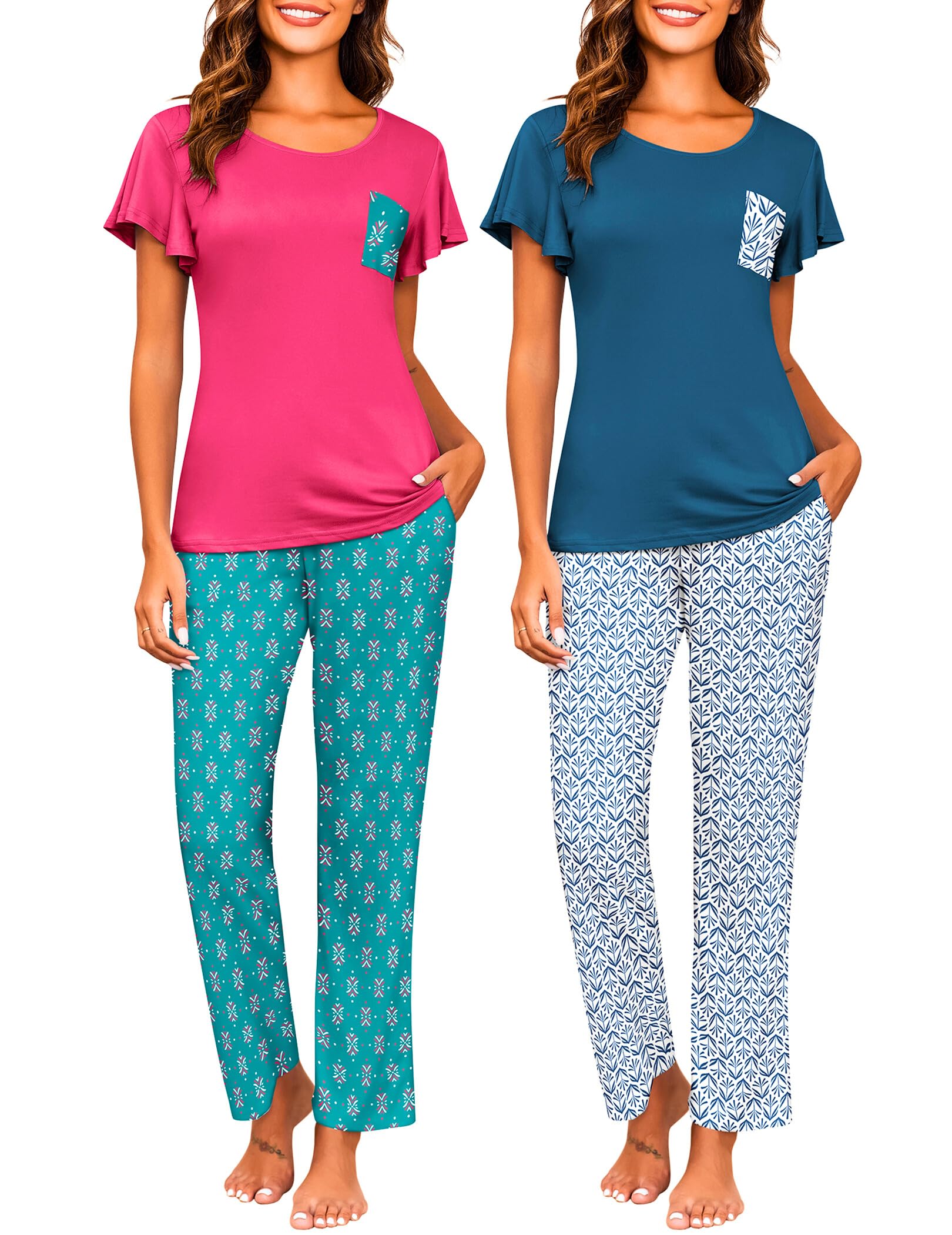 Ekouaer Women's 2-Pack Short Sleeve Pajama Set with Long Pants - Soft Printed Sleepwear & Lounge Pajamas with Pockets - Perfect for Sleeping, Relaxing at Home, and Travel Comfort