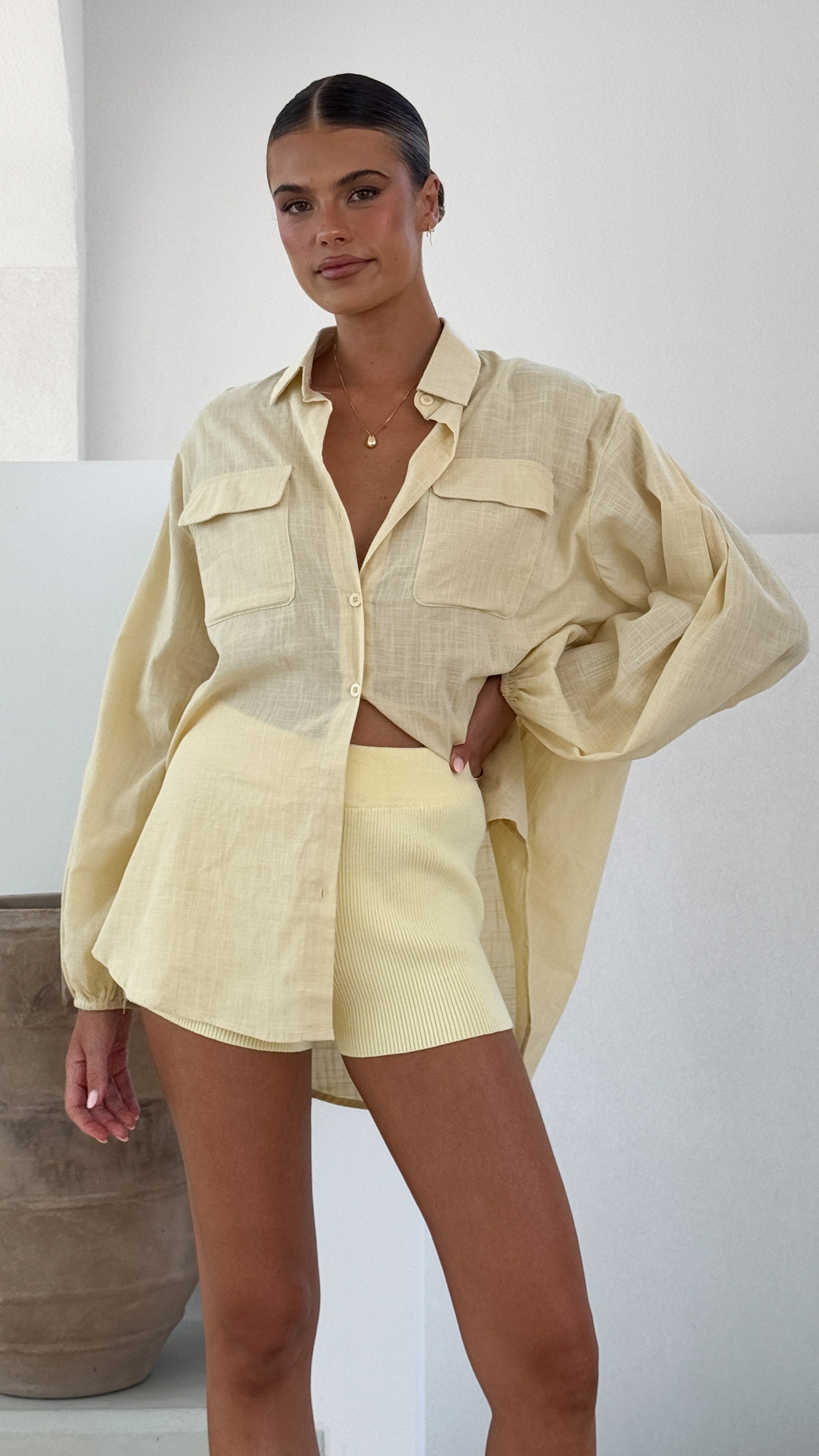 Bianca Oversized Button Up Shirt for Women - Lemon Yellow Casual Loose Fit Long Sleeve Blouse - Perfect for Work, Office, and Everyday Wear