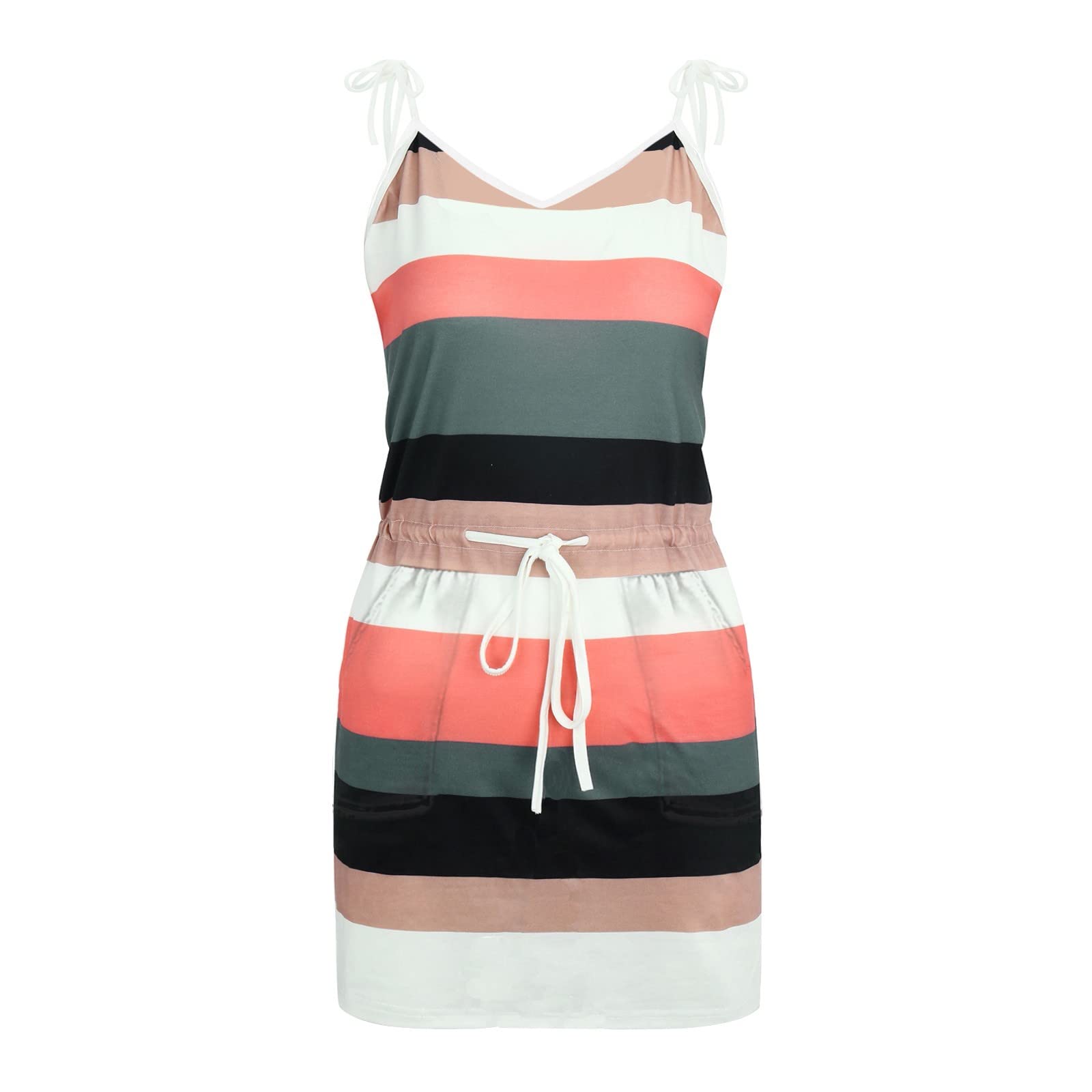 Women's Spaghetti Strap Summer Dress - Elegant Striped V-Neck Mini Sundress with Pockets | Casual Beach Wear, Vacation Outfit, Date Night Dress