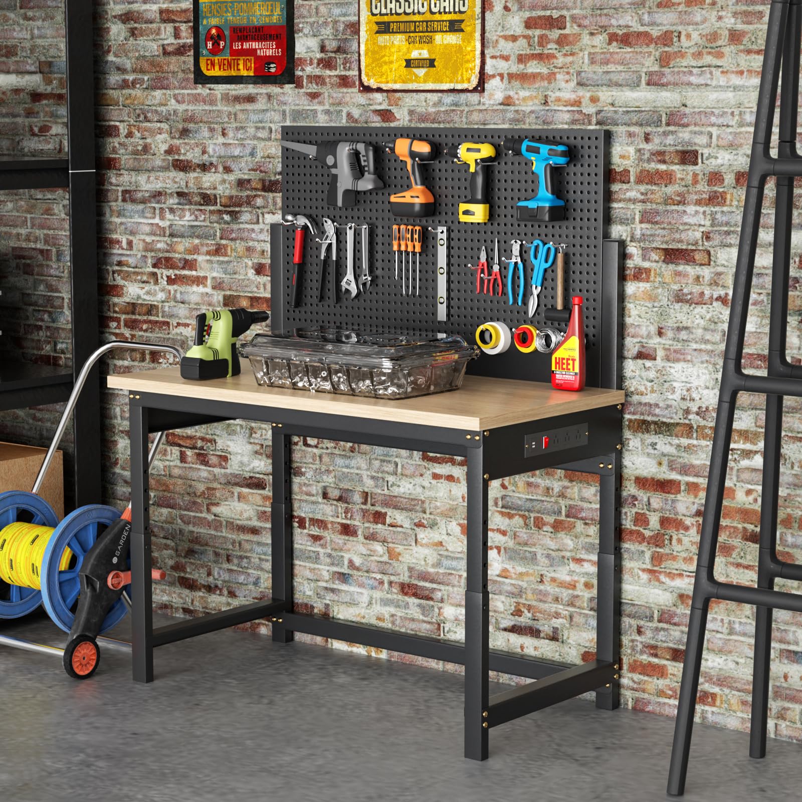 Heavy Duty Adjustable Height Workbench with Pegboard & Power Outlets - 47.2