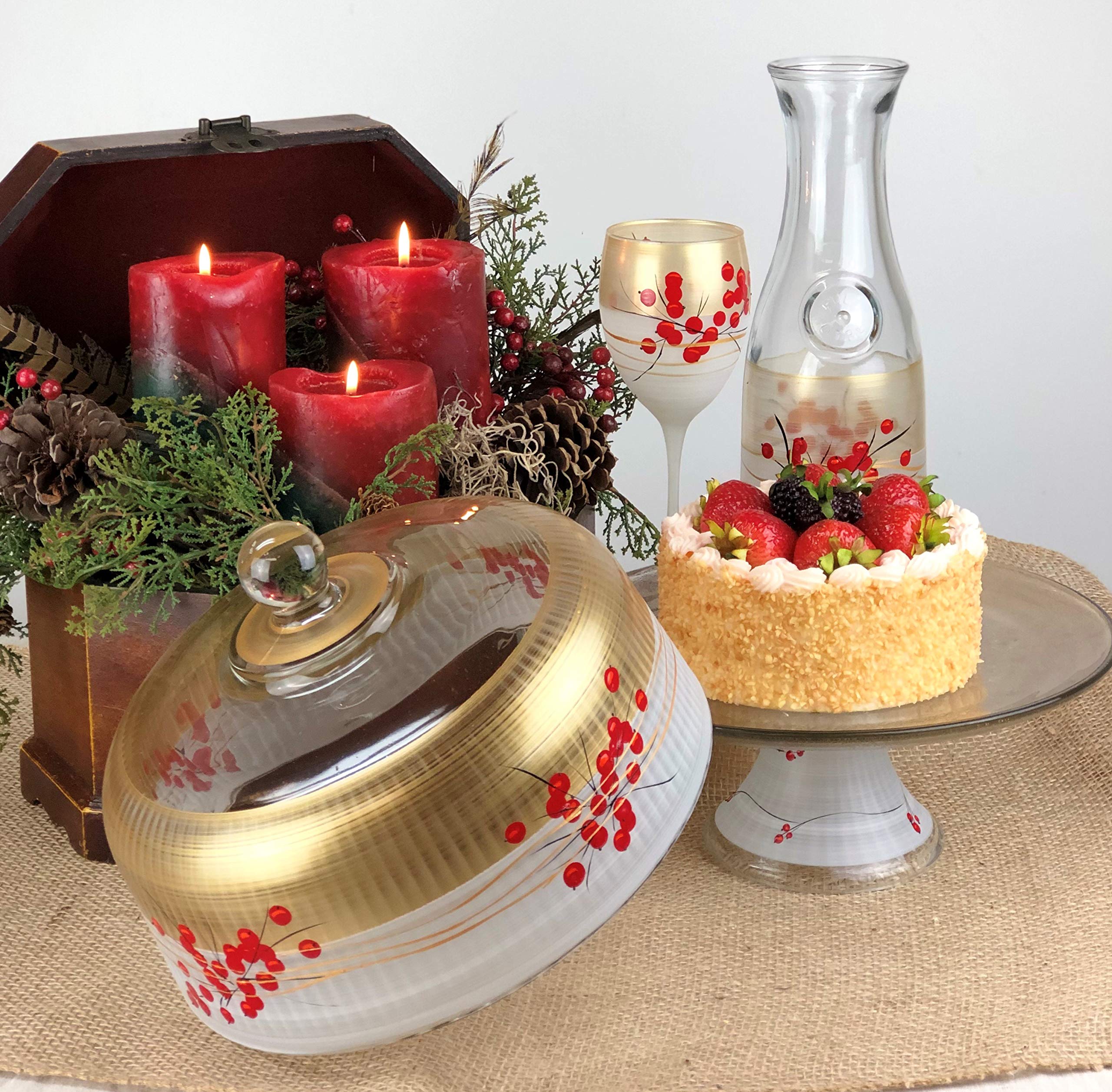 Hand Painted Glass Cake Stand with Cover - Winter Berries & Branches Collection - Decorative Cake Dome for Desserts & Pastries - Unique Holiday Serving Platter for Christmas, Weddings & Special Occasions - Made in USA
