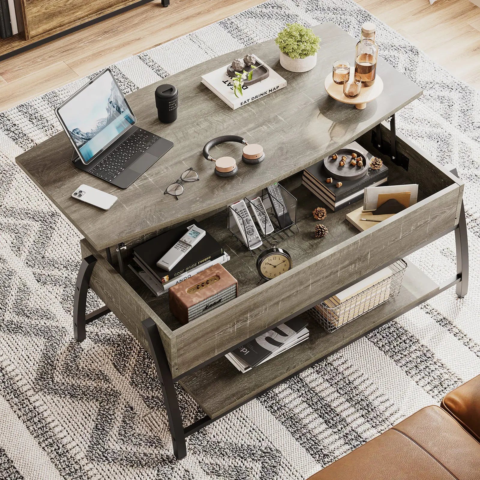 Bestier Lift Top Coffee Table with Storage - Modern Convertible Ottoman for Living Room, Bedroom, and Office Use