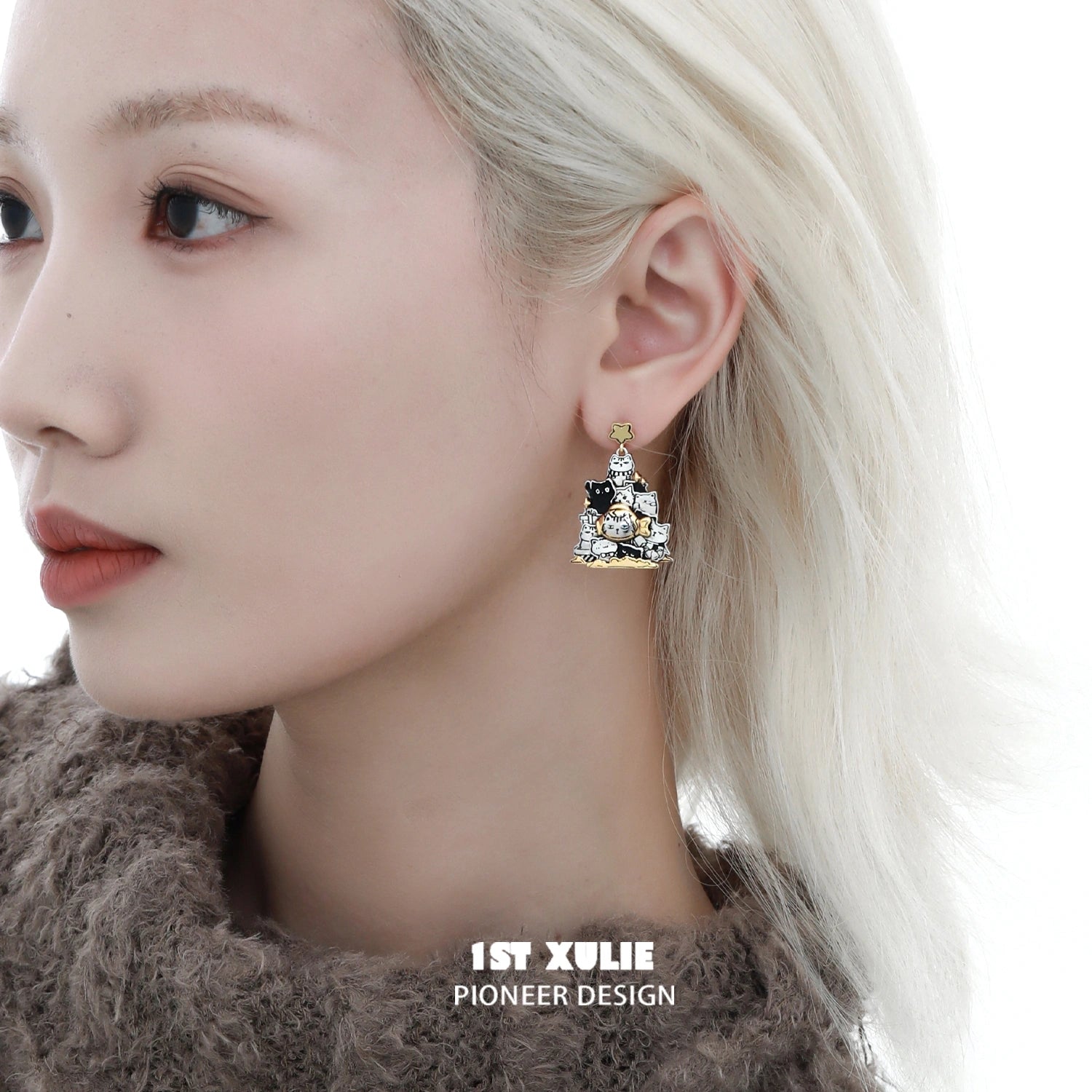 2024 Christmas Graffiti Kitten Stud Earrings - S925 Sterling Silver with 18K Gold Plating | Holiday Party Jewelry Gift for Women