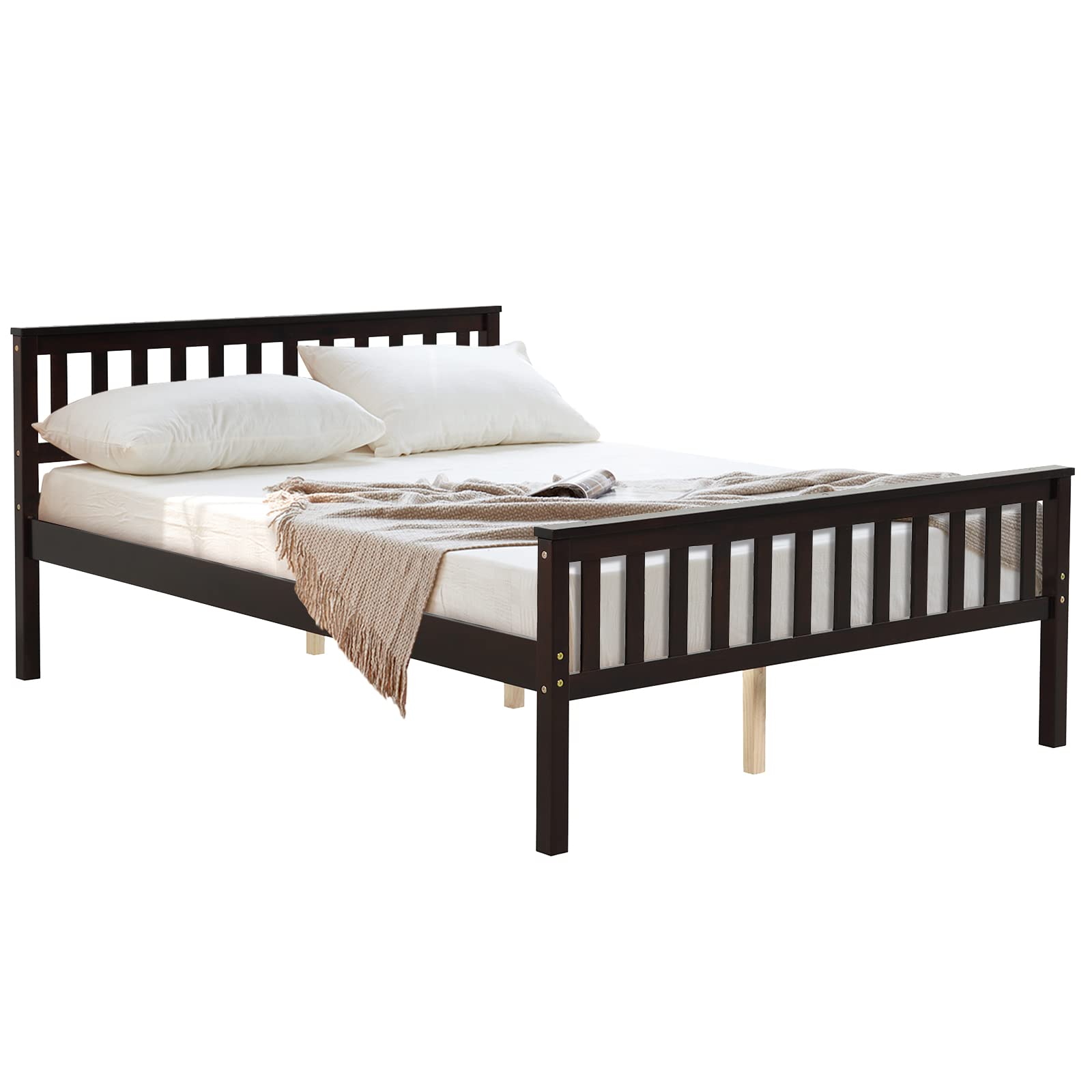 KOMFOTT Full Size Wooden Bed Frame with Headboard & Footboard - 8-Slat Platform Mattress Foundation, 12-Inch Under-Bed Storage Space (No Box Spring Needed) - Perfect for Bedrooms, Guest Rooms & Small Spaces