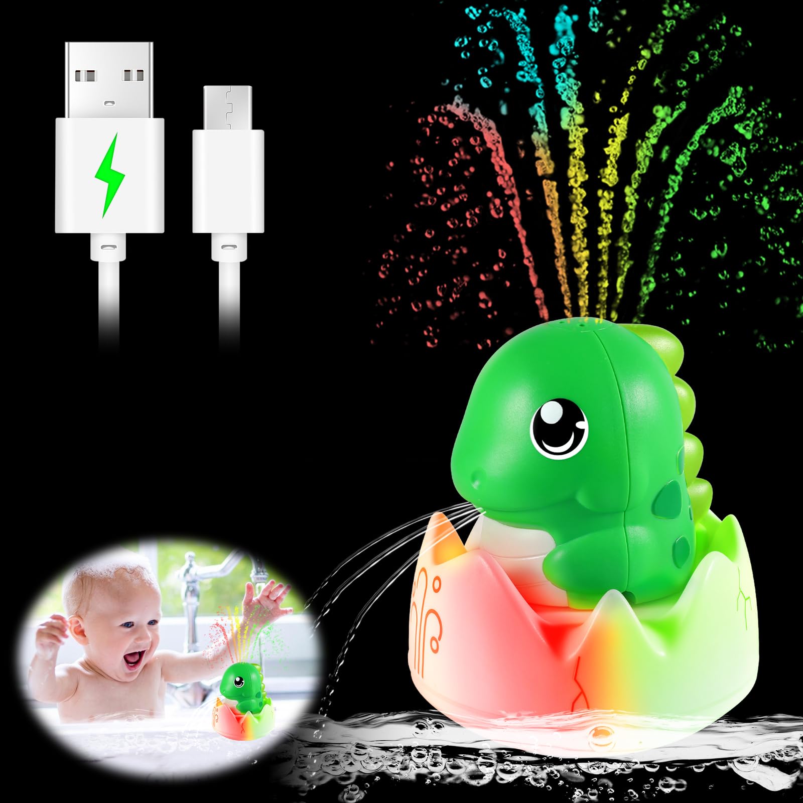 Rechargeable Baby Bath Toys - Funny Water Squirting Dinosaur Bath Toys with LED Lights, 1200mAh Long-Lasting Battery (150+ Minutes) - Toddler Bathtub Toys for Boys & Girls, Summer Pool Bathroom Toys (Dark Green) | Perfect for Bath Time Fun, Sensory Play & Summer Water Activities