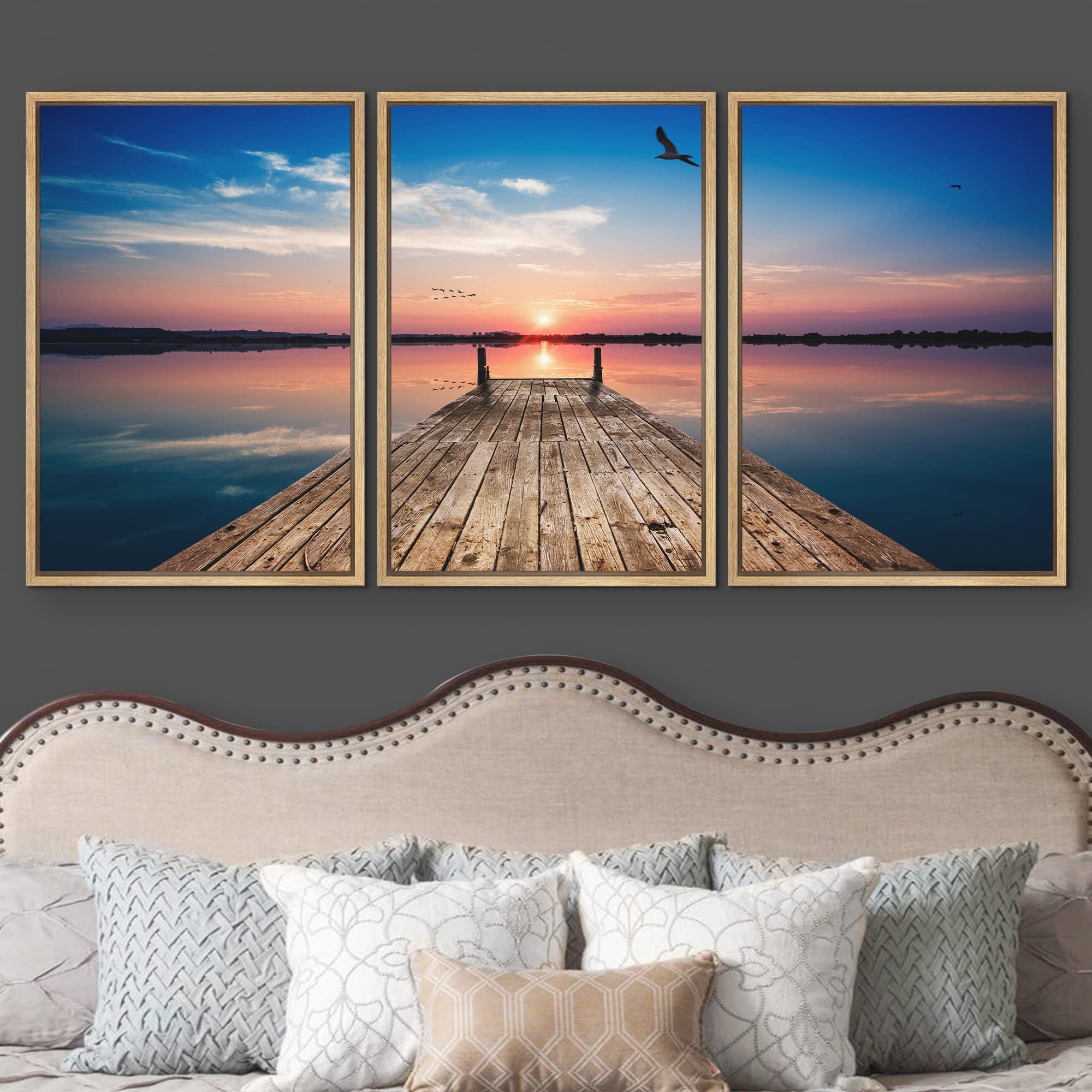 Wall26 Wooden Pier at Sunset Framed Canvas Wall Art - 24x36 Inches, Natural Wood Frame, Coastal Home Decor for Living Room, Bedroom & Office
