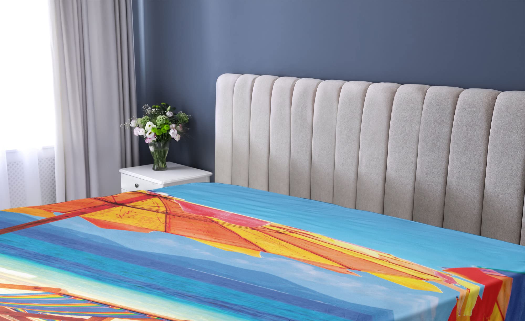 Ambesonne Queen Size Fitted Sheet - Tropical Beach Design with Deck Chairs Overlooking Thailand Sea, Deep Pocket All-Around Elastic for Comfort, Orange & Blue - Perfect for Beach Themed Bedrooms, Vacation Homes & Coastal Decor