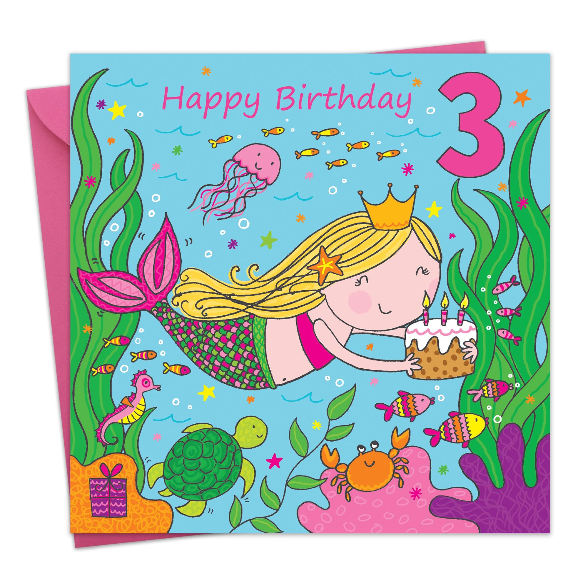 Twizler Mermaid Birthday Card for 3 Year Old Girls - Cute Age 3 Birthday Greeting Card - Perfect for Kids' Parties & Special Celebrations