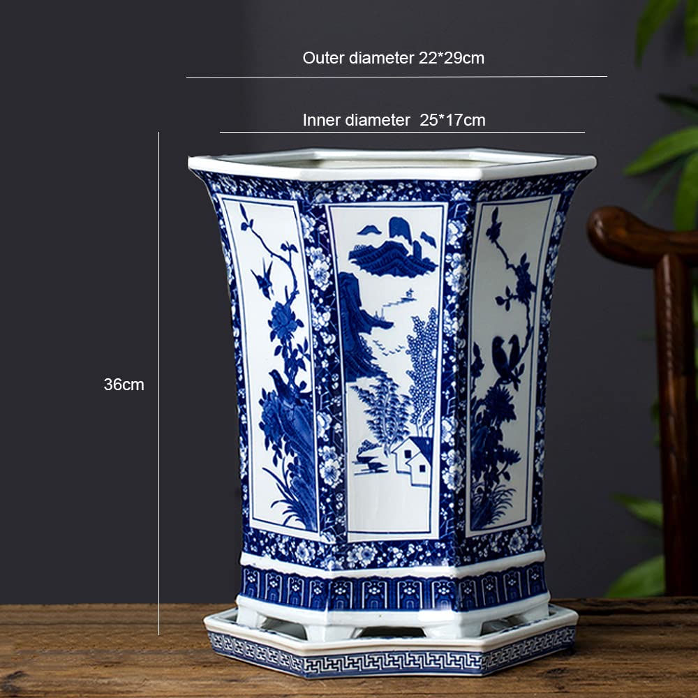 Hand-Painted Chinoiserie Blue and White Porcelain Flower Pot - Large Ceramic Planter for Indoor & Outdoor Plants | Perfect for Home, Garden, Balcony Decor