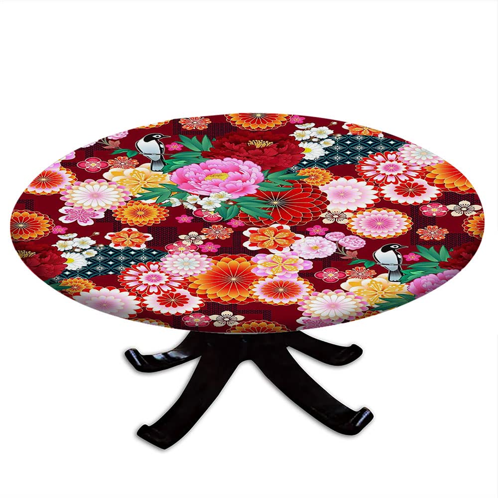 Floral Round Tablecloth with Elastic Edge - Waterproof & Wipeable Seamless Patchwork Design - Perfect for 32 Inch Tables - Ideal for Buffet Parties, Camping, and Home Decor