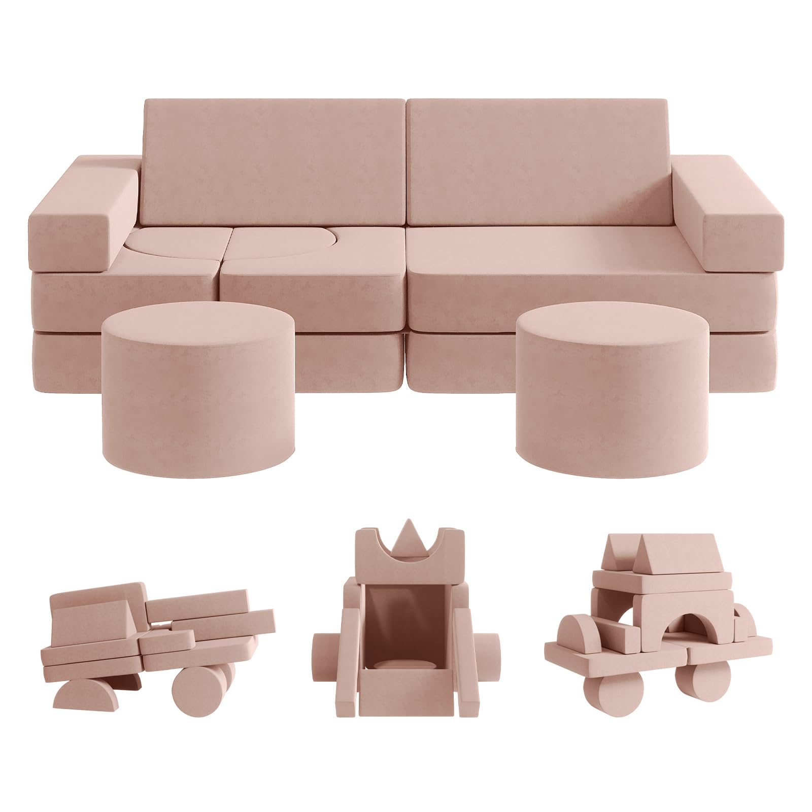 Modular Kids Play Couch - 13PCS Soft Foam Sofa for Boys & Girls, Light Pink Playroom Furniture for Toddlers & Children - Perfect for Playtime, Reading Nook & Indoor Activities (Size M)
