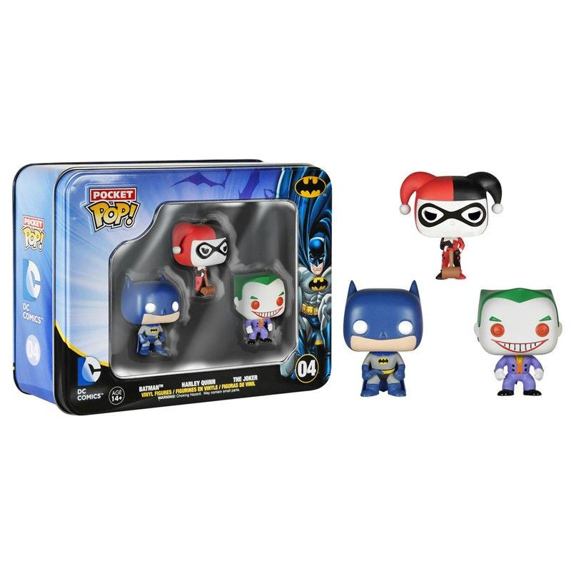 DC Universe Pocket Pop! 3 Pack Tin - Batman, Harley Quinn & Joker Vinyl Figures | Funko Collectibles for Superhero Fans | Perfect for Display, Gifts & Office Decor