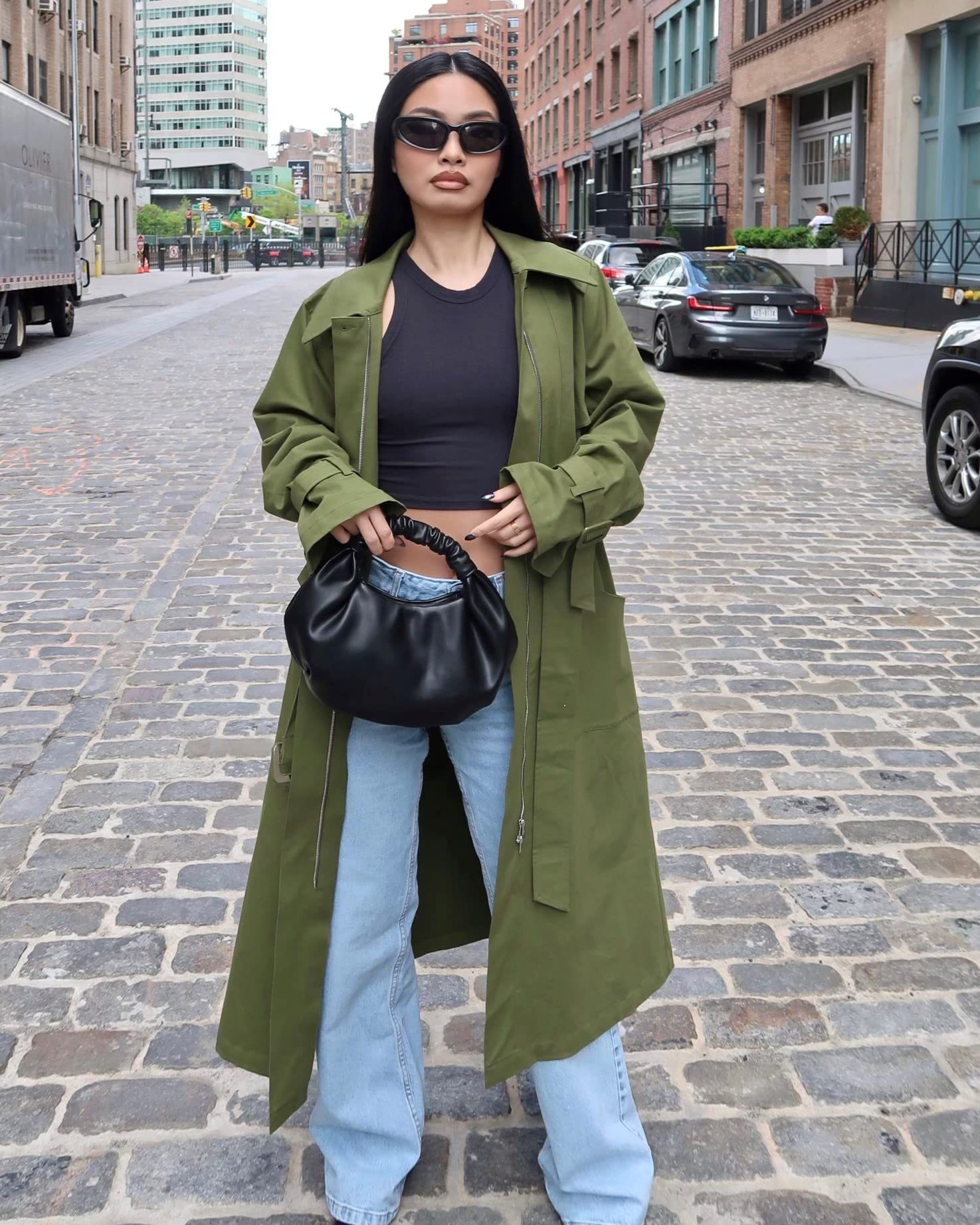 The Drop Women's Avocado Green Layered Trench Coat by @amazonthedrop | Stylish Waterproof Jacket for Fall & Spring | Perfect for Work, Travel & Casual Outfits