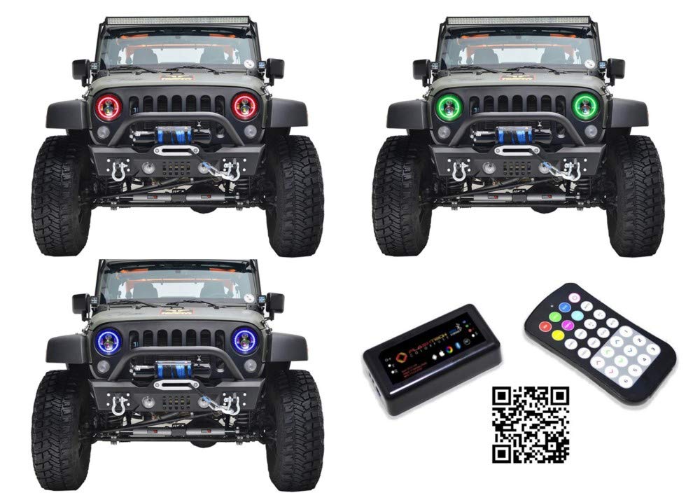 Flashtech LED RGB Multi-Color Halo Ring Headlight Kit with Bluetooth RF Remote & App Control - Compatible with Jeep Wrangler 2007-2017 | Off-Road Lighting for Night Driving & Custom Car Styling