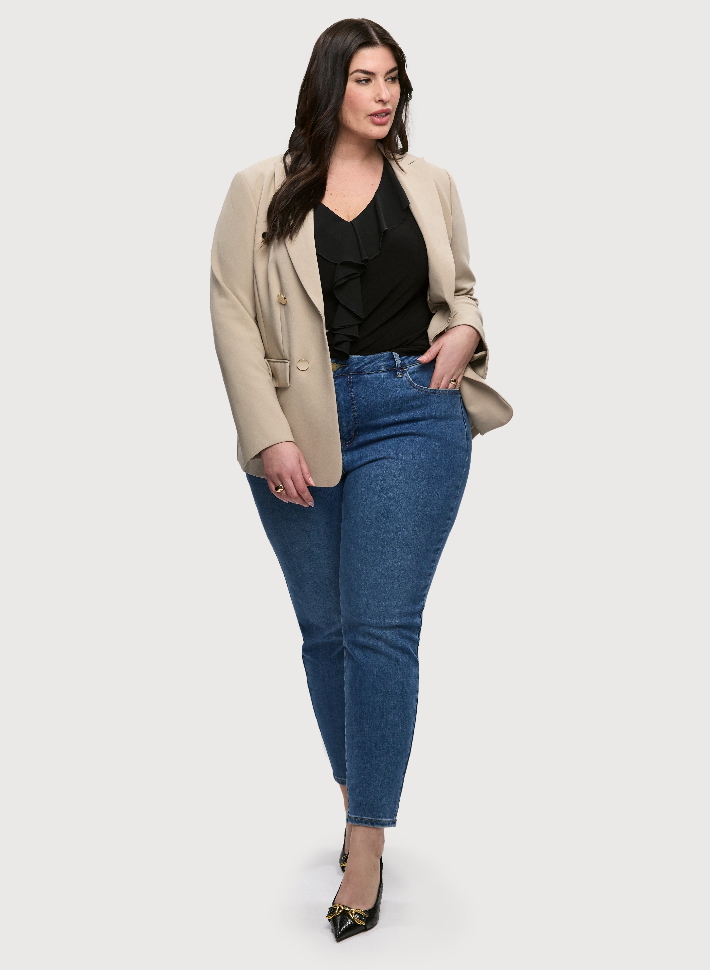 Stylish Button Detail Blazer & Essential Slim Leg Jeans for Women | Office Wear & Casual Outfits | Perfect for Work, Dates & Everyday Fashion