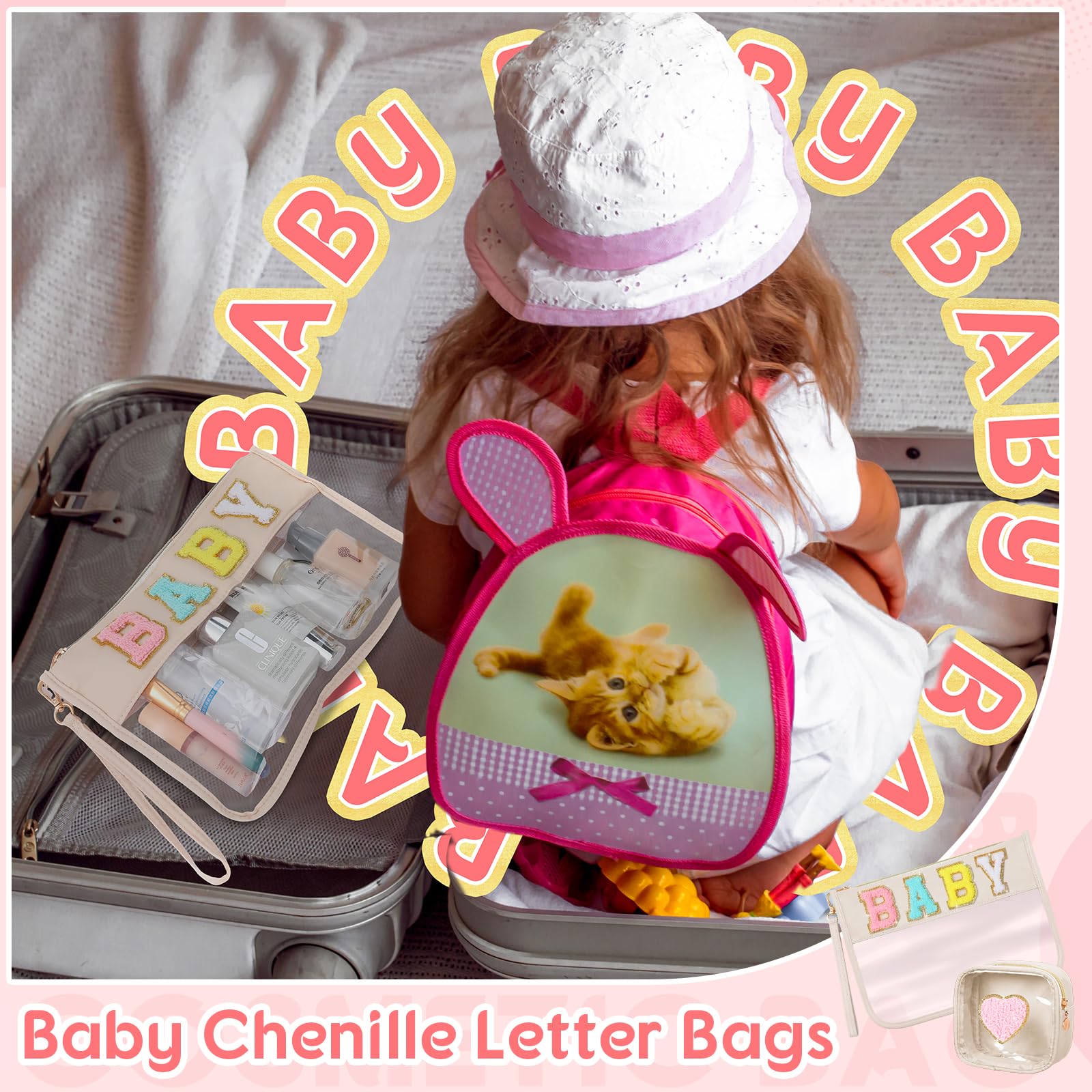 Hillban 2-Piece Baby Travel Bag Set - Soft Chenille Letter Cosmetic Makeup Bags, Waterproof Toiletry Storage Organizer for Women & Moms (Baby Theme) - Perfect for Diaper Essentials, Baby Showers & On-the-Go Parenting