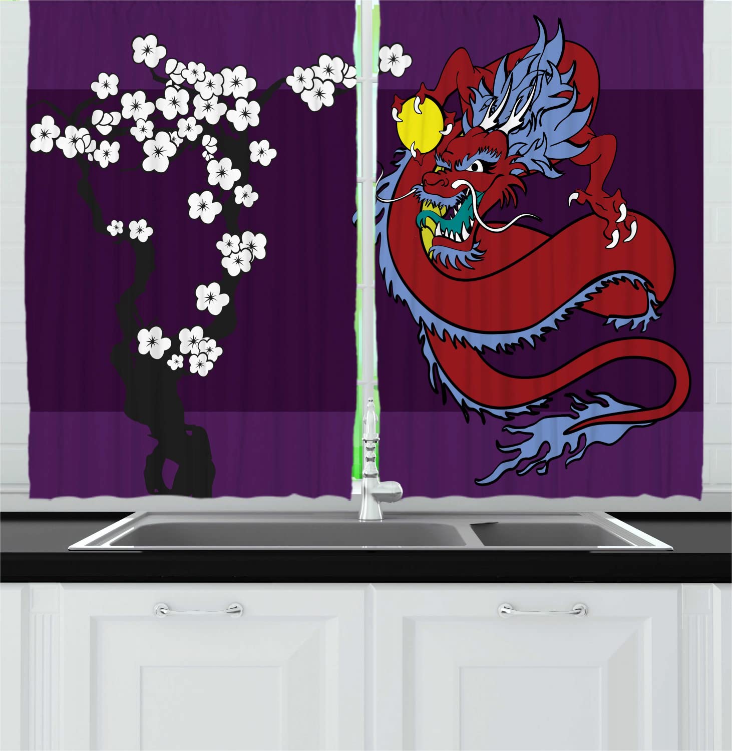 Ambesonne Dragon Print Kitchen Curtains - Japanese Style Fantasy Animal & Cherry Blossoms Design, Dark Purple & Multicolor Drapes with Rod Pocket, 55