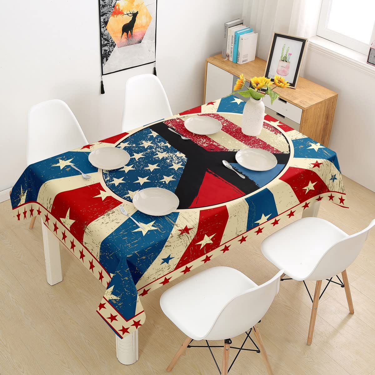 American Flag Tablecloth - Peace Sign Geometric Stripes Vintage Tie Dye Colorful Table Cover for Kids Teens Boys Girls - 55x71 Inch Dining Room Decor for Parties, Picnics & Patriotic Events