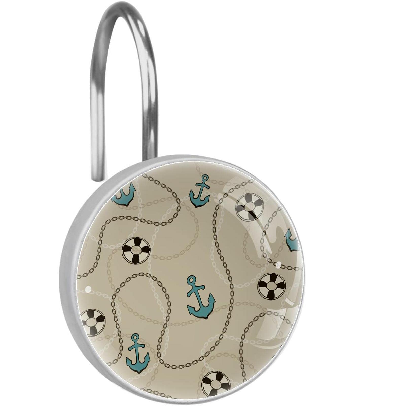 Rust-Resistant Blue Marine Anchors Shower Curtain Hooks - Set of 12 Metal Glide Rings for Bathroom Shower Rods | Perfect for Nautical Theme Bathrooms & Beach House Decor