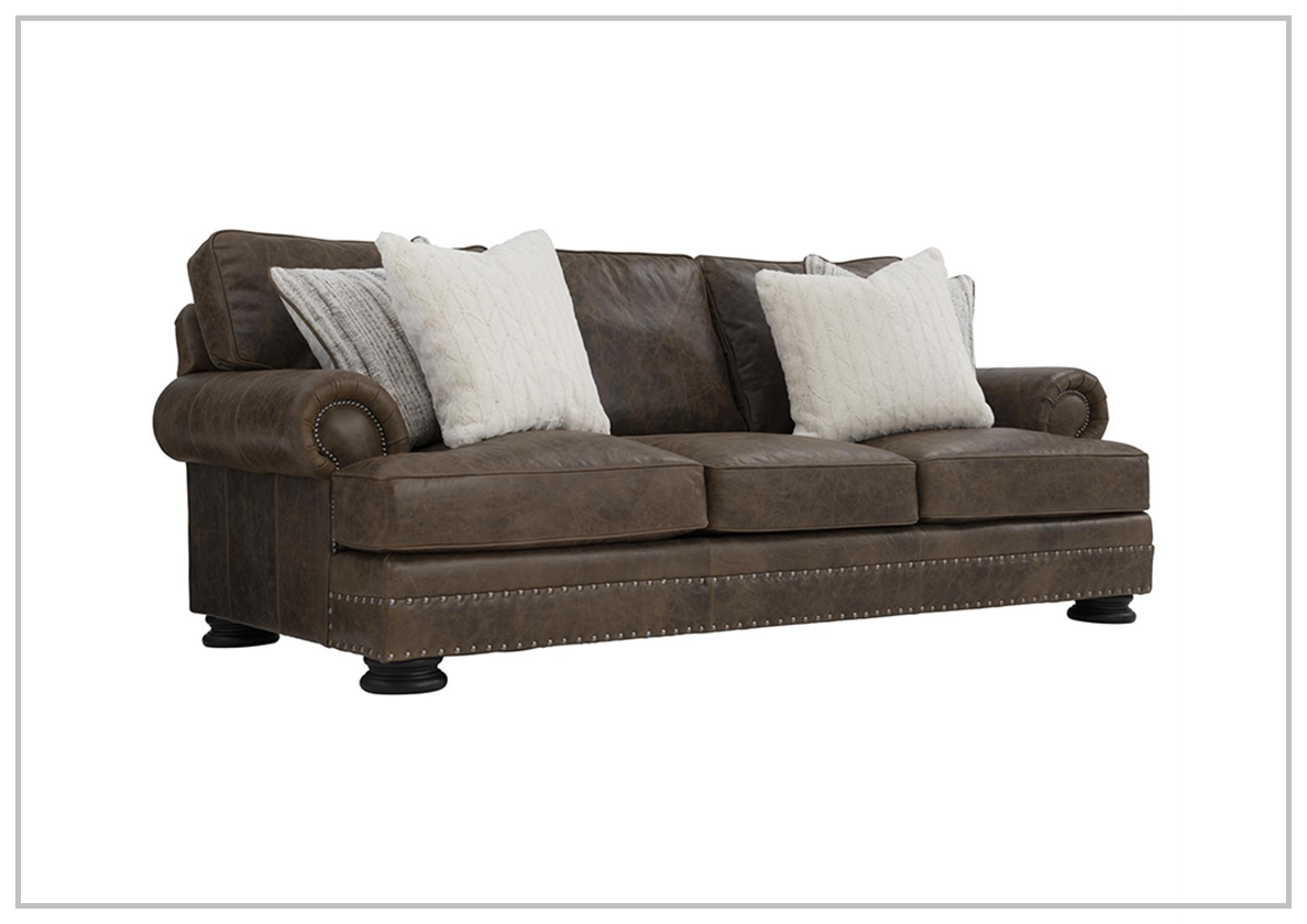 Bernhardt Foster Dark Brown Genuine Leather Sofa with Rolled Arms - Luxurious Living Room Furniture for Home & Office