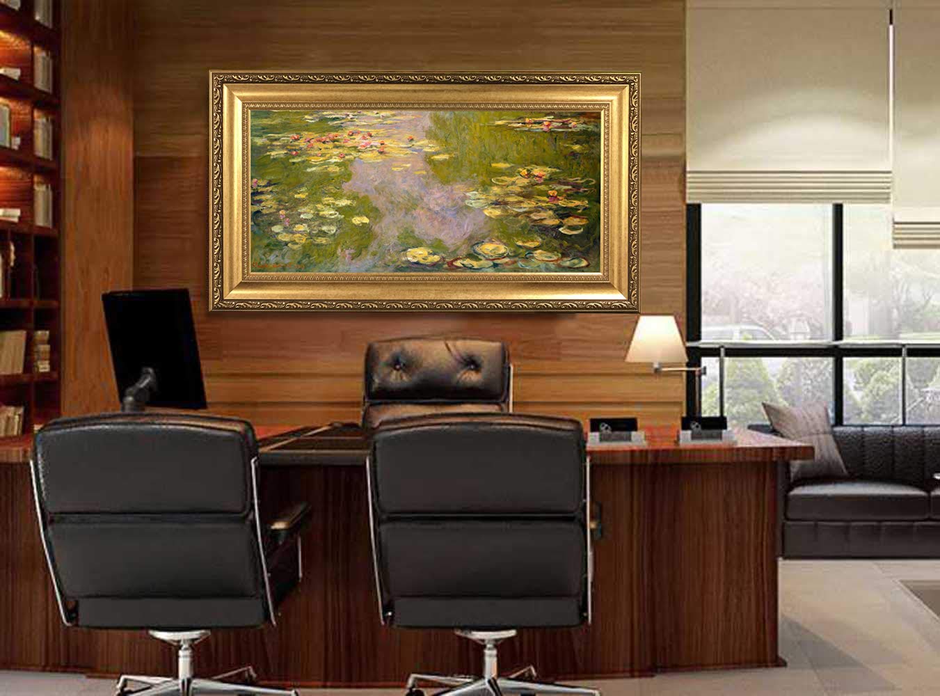 Claude Monet Water Lilies Oil Painting Reproduction - Giclee Wall Art Canvas Print, Framed 29x18 Inches, Handmade Decor for Living Room & Bedroom