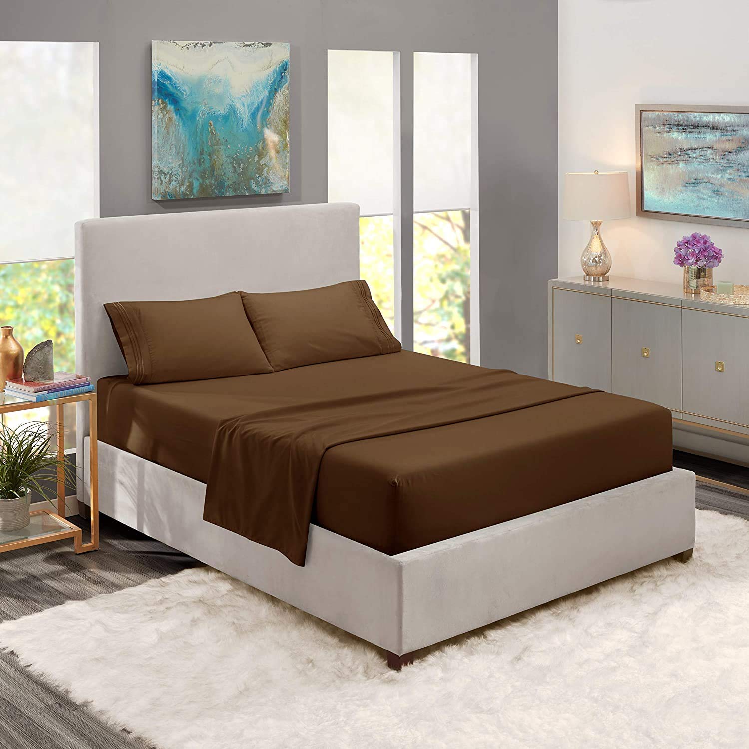 4Pcs 800 Thread Count 100% Soft Cotton Queen Bed Sheet Set with 16