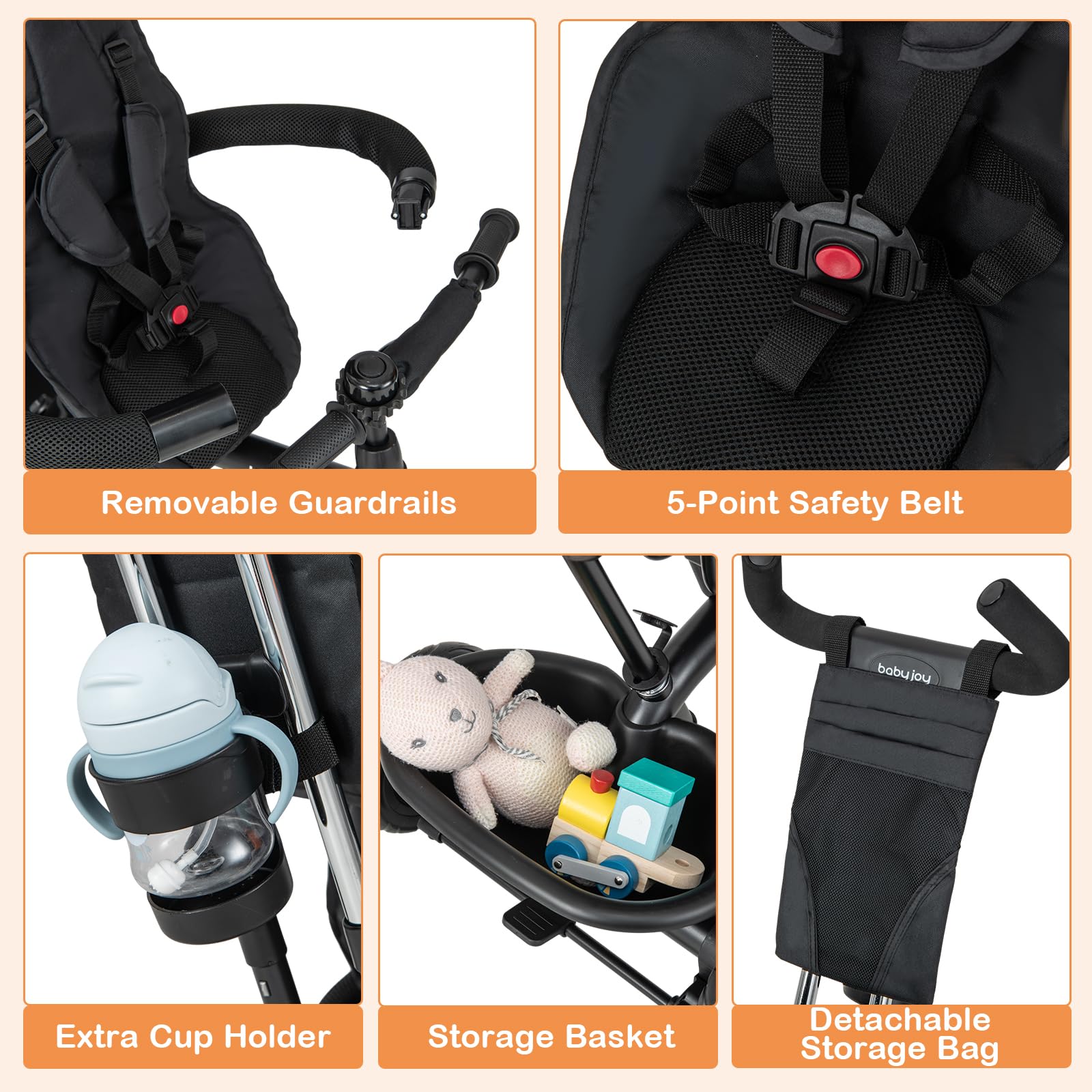 BABY JOY 4-in-1 Adjustable Toddler Tricycle with Removable Canopy, Push Handle & Safety Belt - Foldable Footrest & Storage Basket - Reversible Seat for Boys & Girls 9-60 Months (Black) - Perfect for Outdoor Play, Park Rides & Learning to Bike