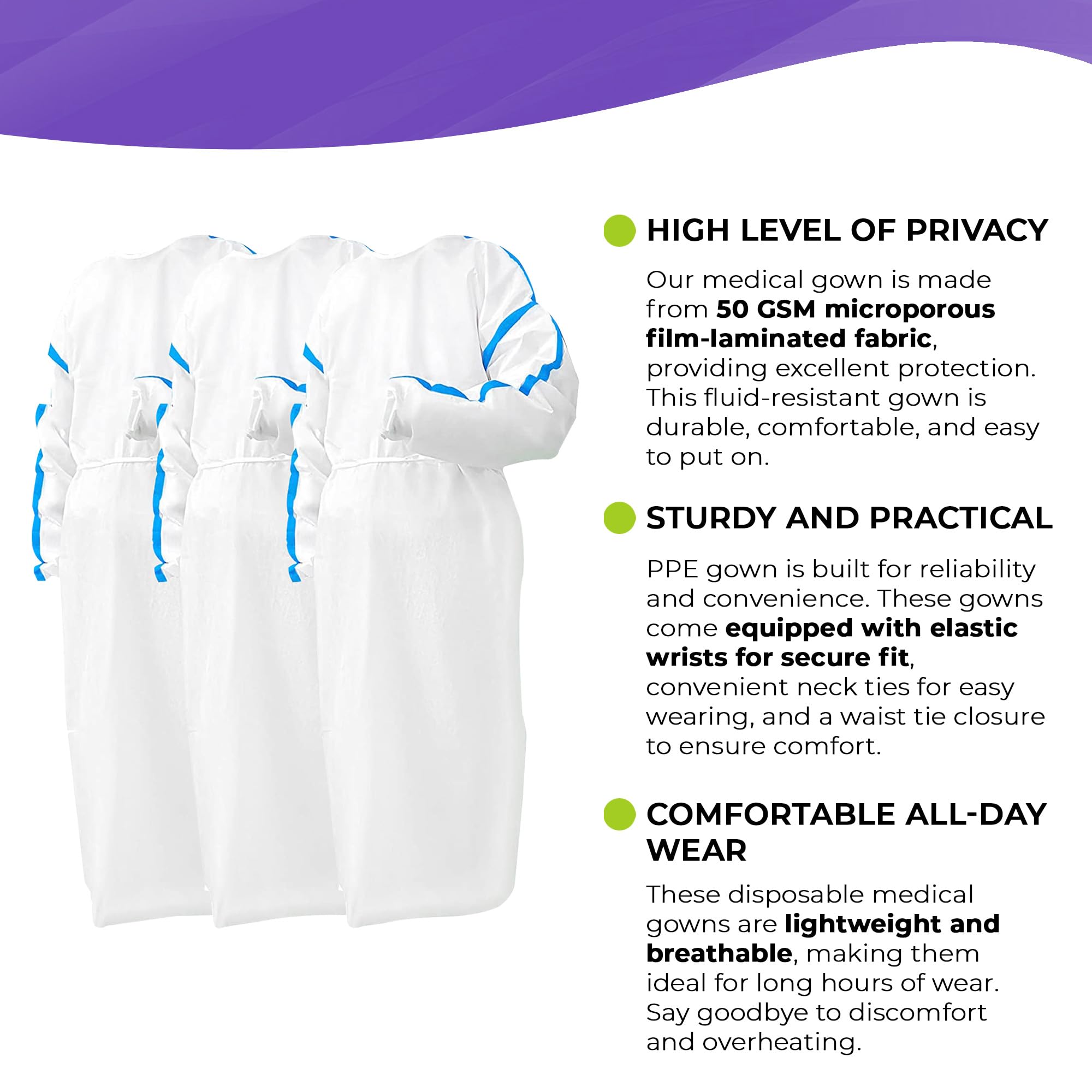 AMZ Medical Supply White Disposable Isolation Gown - X-Large (Pack of 1) | 50 GSM Microporous Material with Sleeves, Elastic Wrist & Tie Back Closure | Ideal for Healthcare Workers, Hospitals, Labs & Home Care Protection