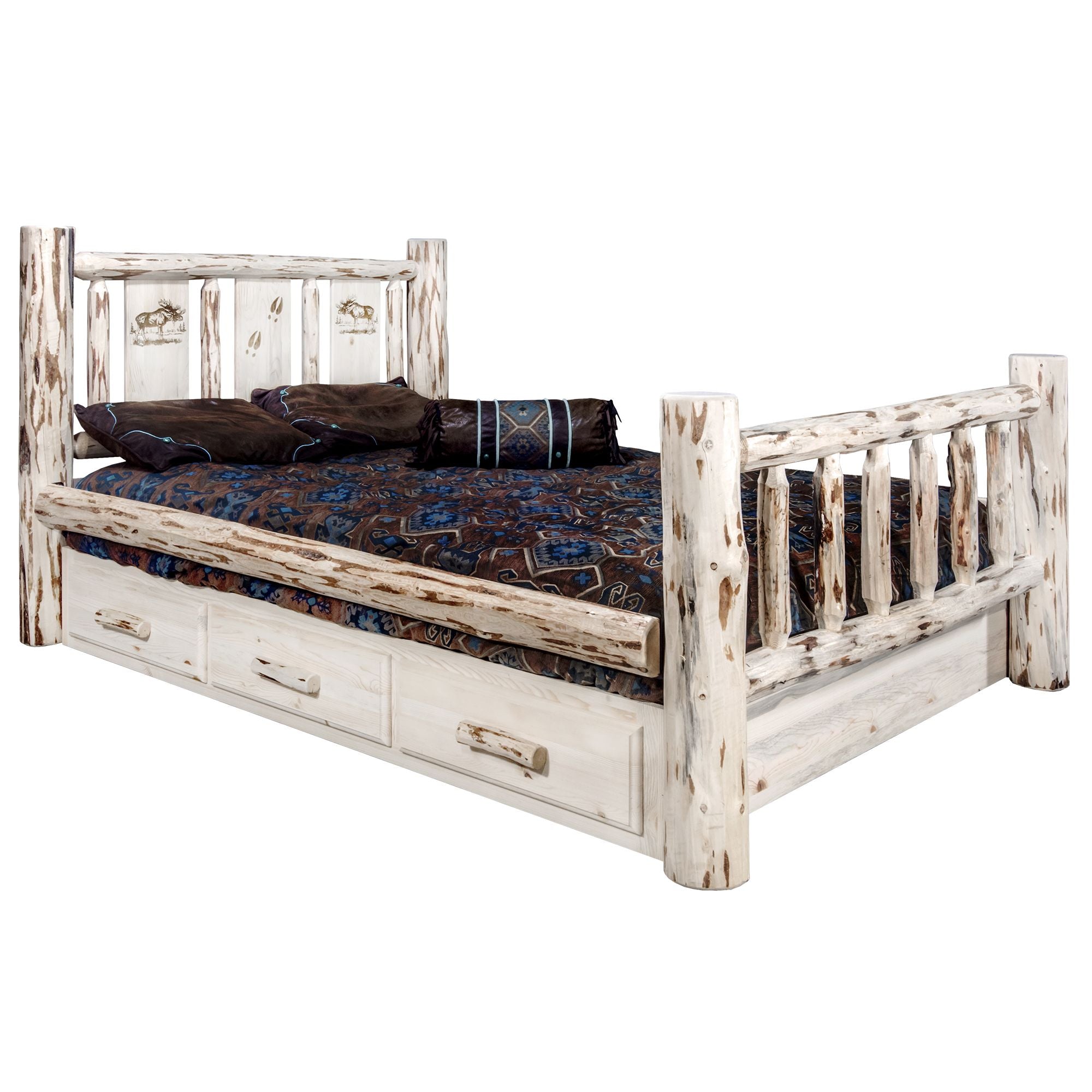 Montana Storage Bed with Laser Engraved Design - Unfinished Solid Wood Platform Bed with Underbed Storage - Perfect for Bedroom, Guest Room, or Small Space Organization