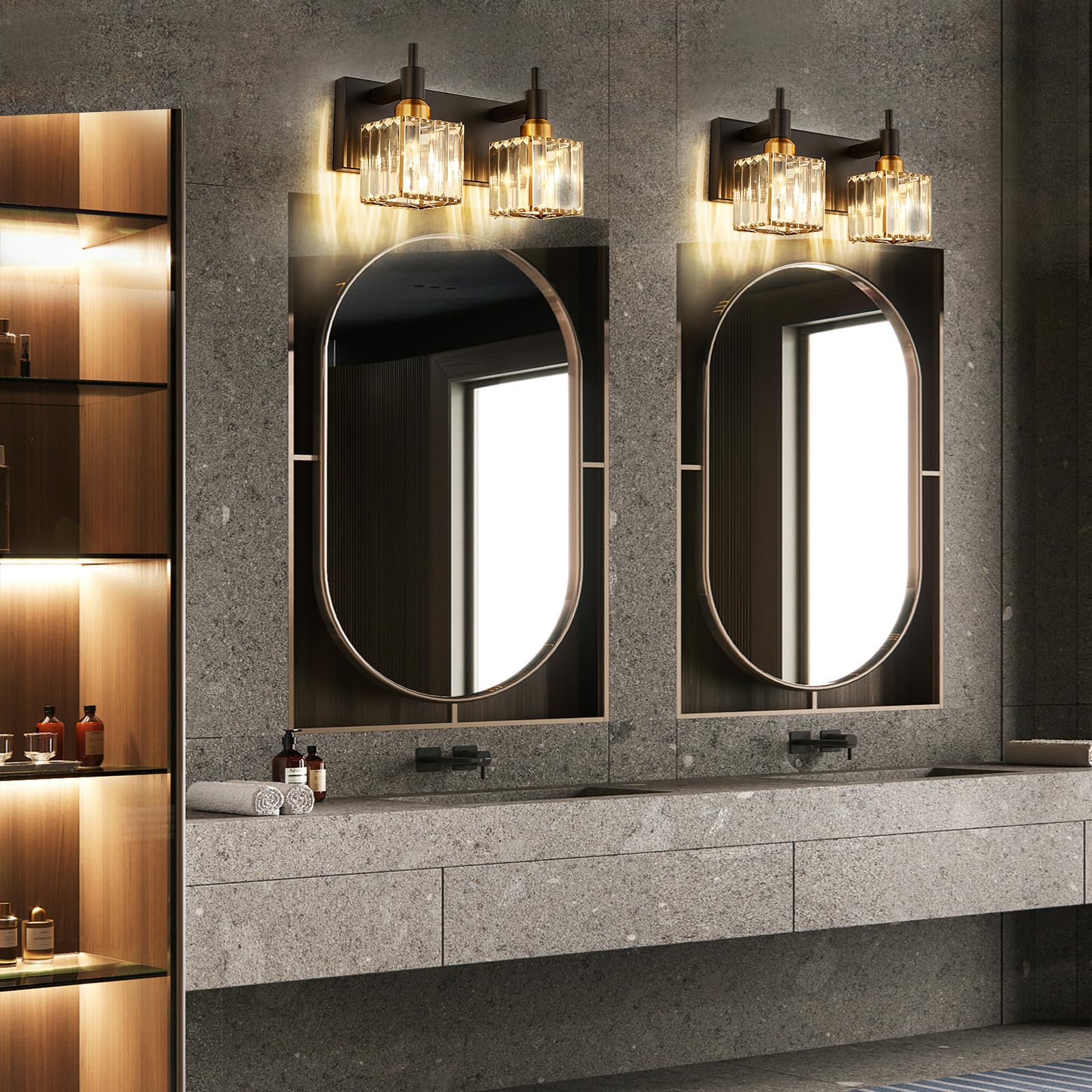 Modern Crystal Bathroom Vanity Light - 2-Light Black & Gold Adjustable Wall Sconce for Mirror Lighting, Bathroom Decor - Perfect for Master Bath, Powder Room & Spa Style Vanity Areas