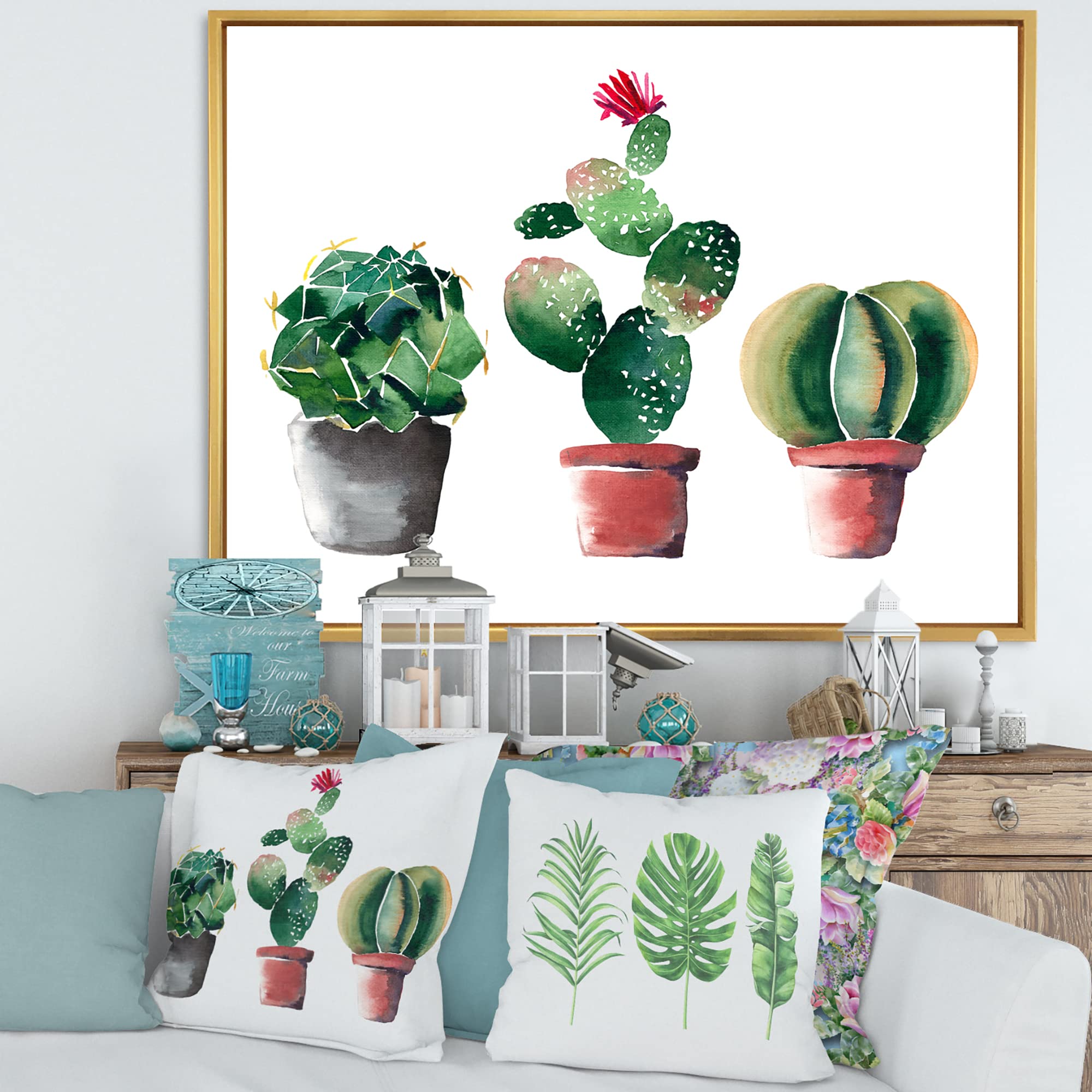 DesignQ Three Cactus in Clay Pots - Traditional Framed Canvas Wall Art Print for Home & Office Decor - Perfect for Living Room, Bedroom, Kitchen & Office Wall Decor