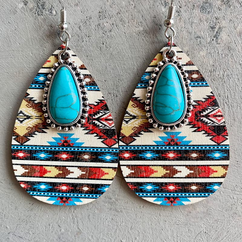 Western Cowgirl Cowboy Earrings Set - Boho Vintage Handmade Turquoise & Leather Dangle Earrings for Women | Cow Print Wood Teardrop Earrings | Perfect for Country Concerts, Rodeos & Boho Fashion