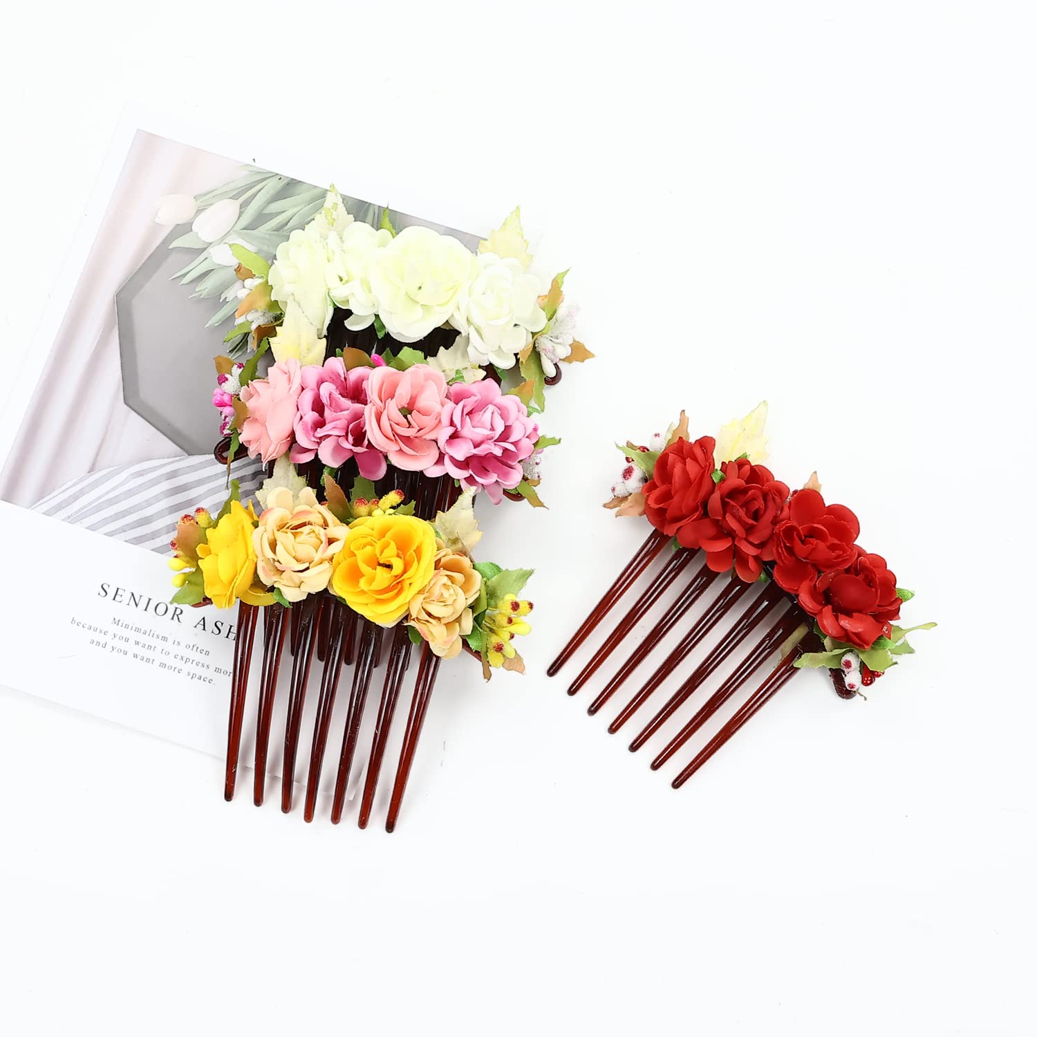 4 Pack Rose Floral Hair Clips - Plastic Wedding Hair Combs for Women, Brides, Bridesmaids & Flower Girls - Elegant Side Hair Slides, Barrettes & Bun Accessories - Perfect for Bridal, Prom & Special Occasions