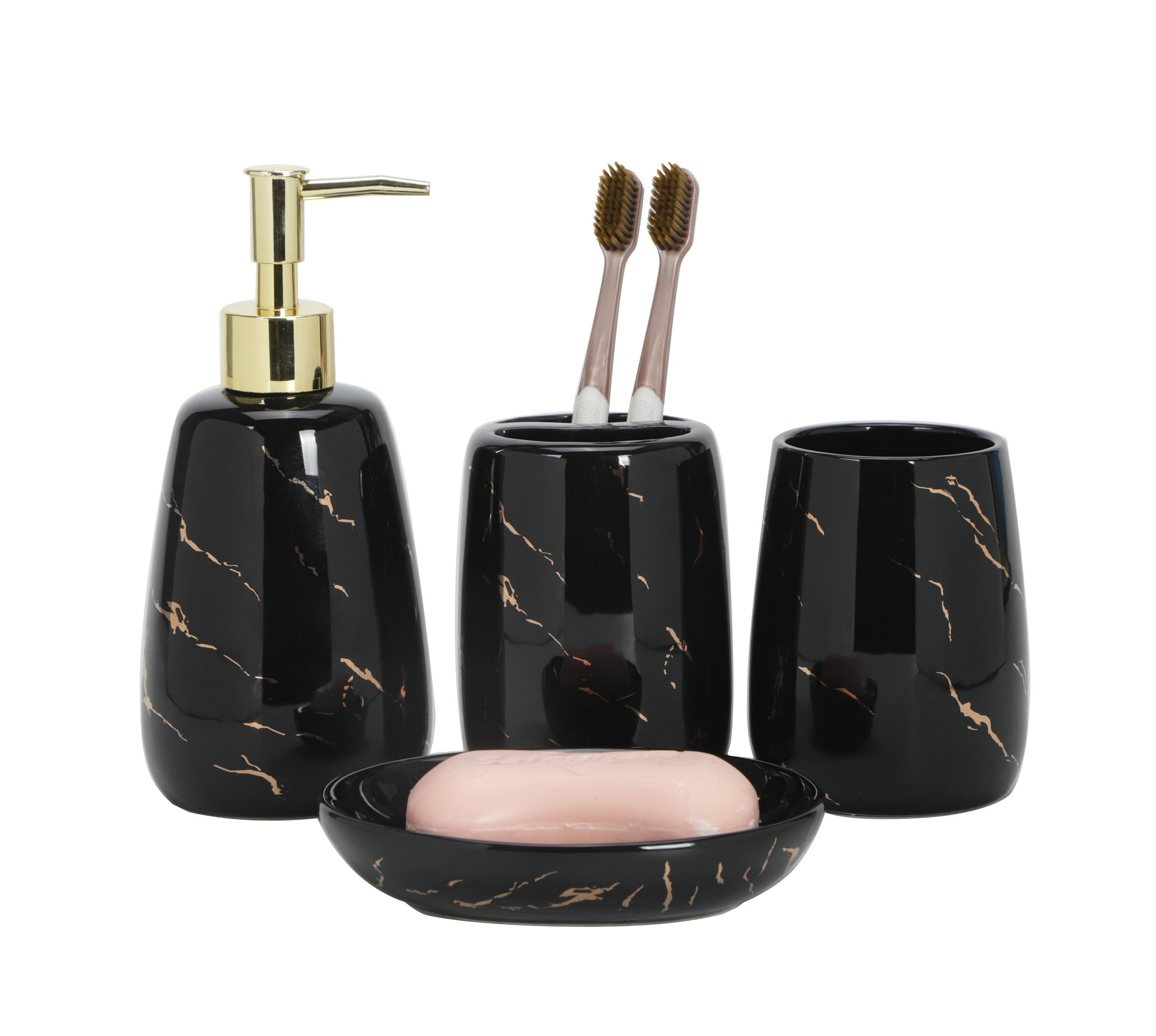 4-Piece Black & Gold Marble Bathroom Accessory Set - Toothbrush Holder, Cup, Soap Dispenser & Dish - Modern Restroom Decor for Home, Hotel & Spa