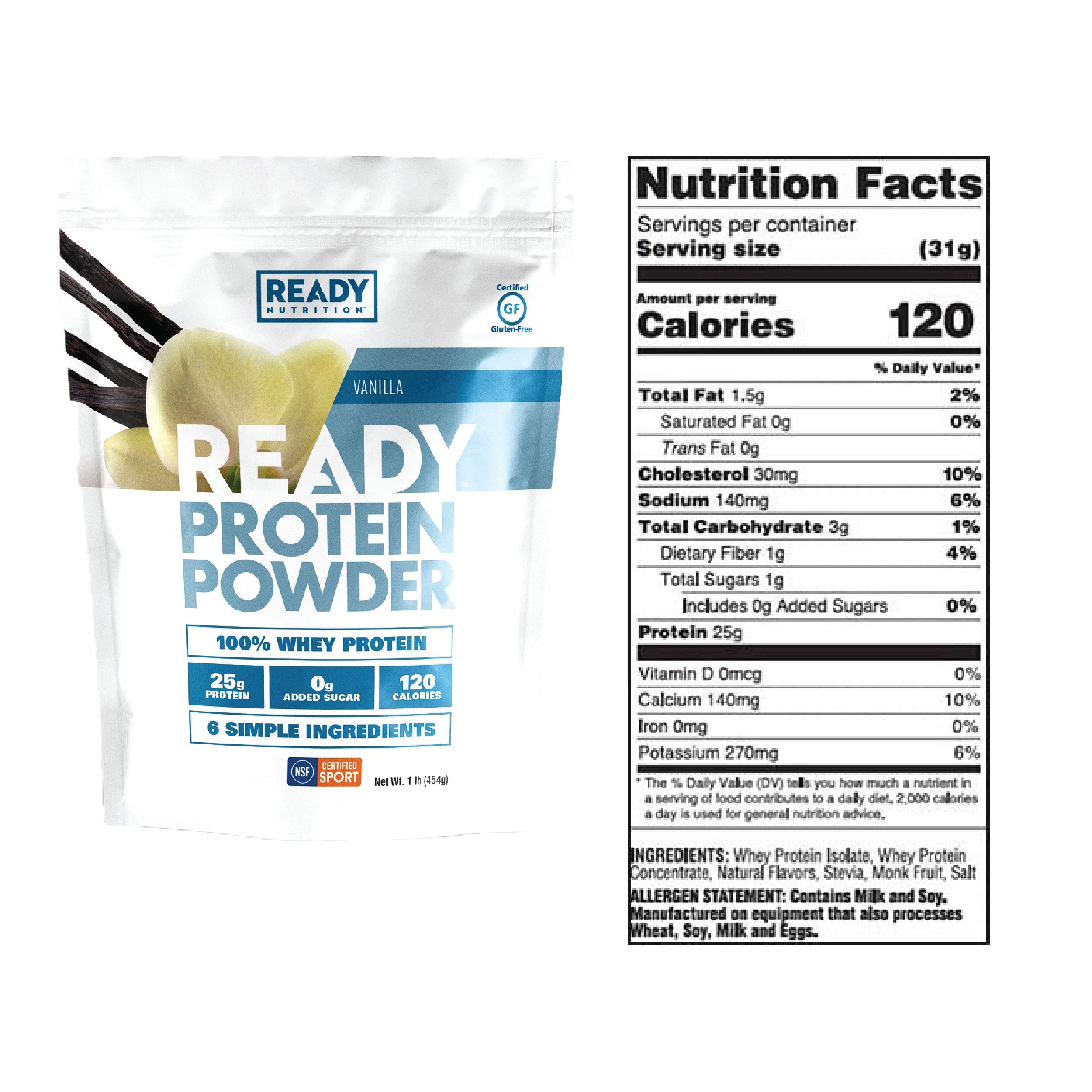 Ready® Whey Protein Powder - 25g Protein, 120 Calories, 0g Added Sugar - 7 Simple Ingredients - No Artificial Additives - Gluten-Free & Natural - Vanilla Flavor (1 Pound Bag) - Perfect for Post-Workout Recovery & Healthy Smoothies