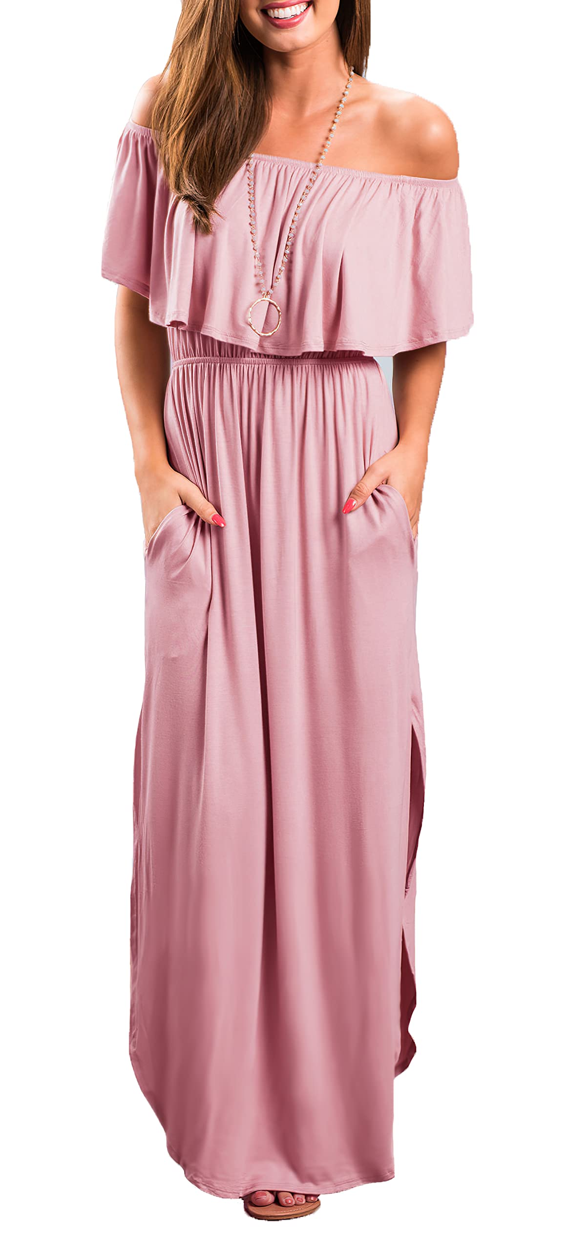 Women's Off The Shoulder Ruffle Party Dress with Side Slit - Flowy Beach Maxi Dress for Summer Weddings, Vacations & Date Nights