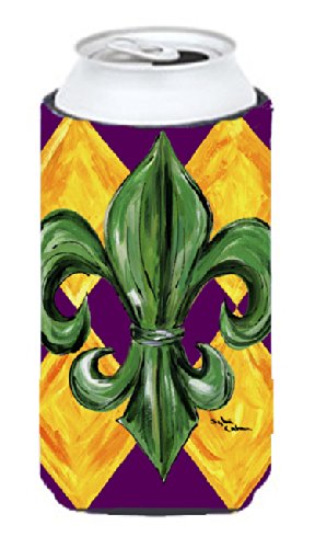 CoolCookware Mardi Gras Fleur de Lis Insulated Tall Beer Can Hugger - Keep Drinks Cold for Parties, Tailgating & Festivals