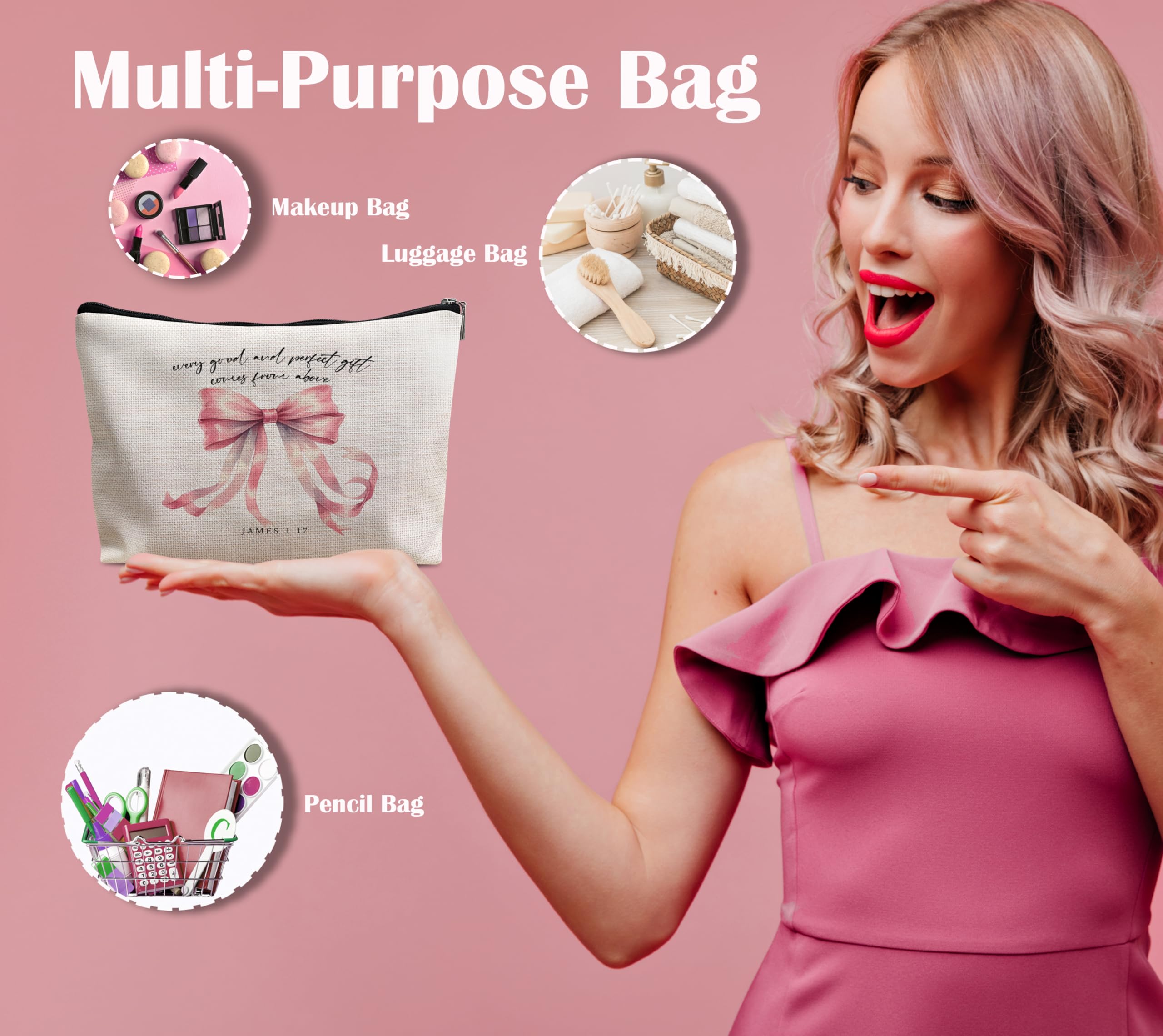Pink Christian Makeup Bag with Bible Verse - Religious Gifts for Women - Perfect for Church & Travel