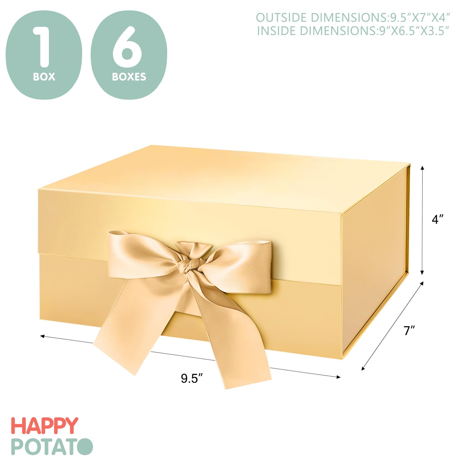 Happy Potato Gift Box with Ribbon - 9x6.5x3.8 Inches Gold Magnetic Gift Box with Lid - Bridesmaid Proposal Box, Wedding Party Favors, Jewelry & Keepsake Storage - Glossy Finish for Special Occasions