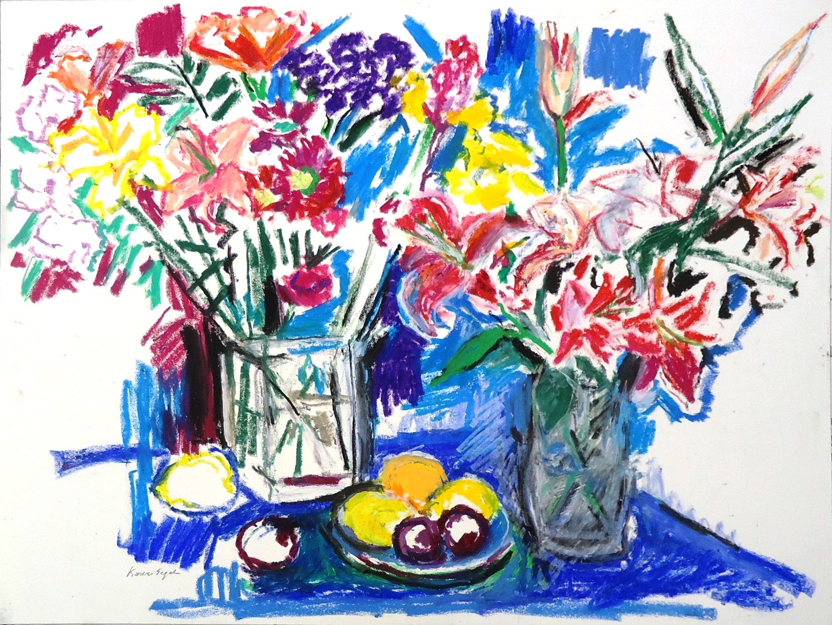 Karen Segal Floral Art Print - Two Bouquets with Fruit - Elegant Home Decor for Living Room, Bedroom & Office Wall Art