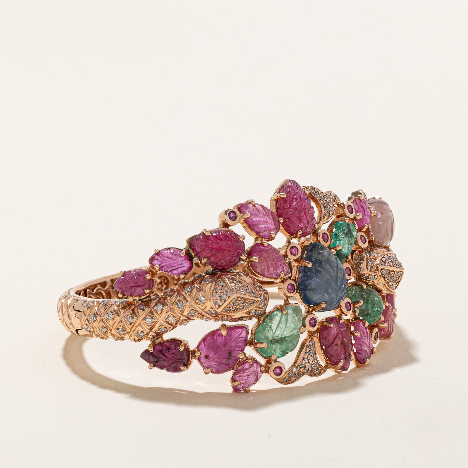 14K Gold Vintage Tutti Frutti Snake Bangle Bracelet - 0.85ctw Diamond & 34.56ctw Gemstone - Elegant Jewelry for Women - Perfect for Parties, Weddings & Special Occasions