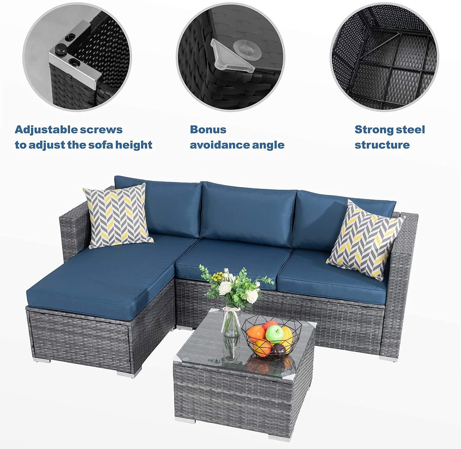 JAMFLY 3-Piece All-Weather Wicker Patio Furniture Set - Outdoor Sectional Sofa with Coffee Table & Cushions, Aegean Blue - Perfect for Backyard, Garden, Poolside & Patio Relaxation