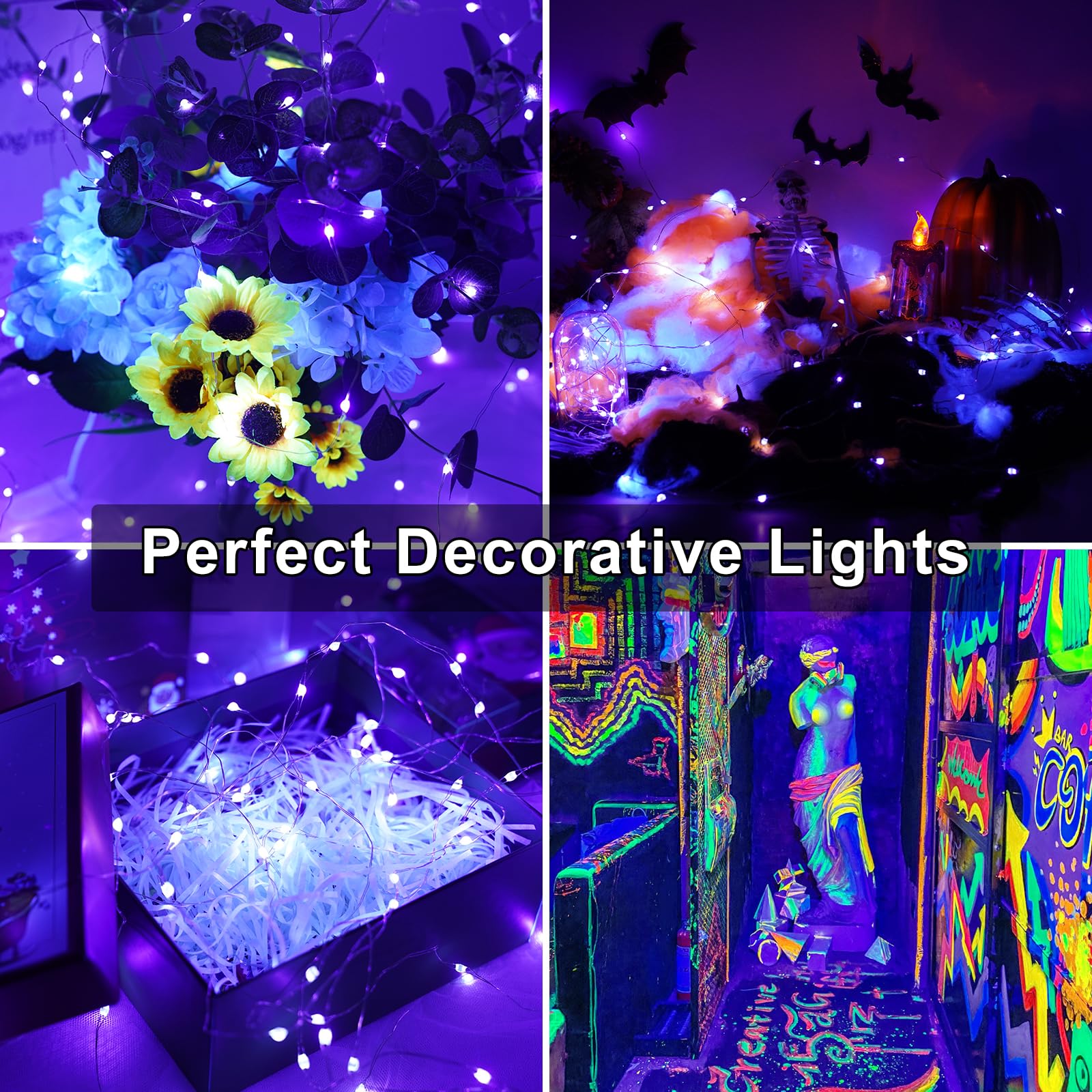 OMIKA 4 Pack Black Light Fairy Lights - 7Ft 20 LED UV Battery Operated String Lights with Remote Control, Waterproof Flexible Christmas Lights for Halloween Party, Christmas Tree, Bedroom, DIY Home Decor (Glow in the Dark Starry Night Effect)
