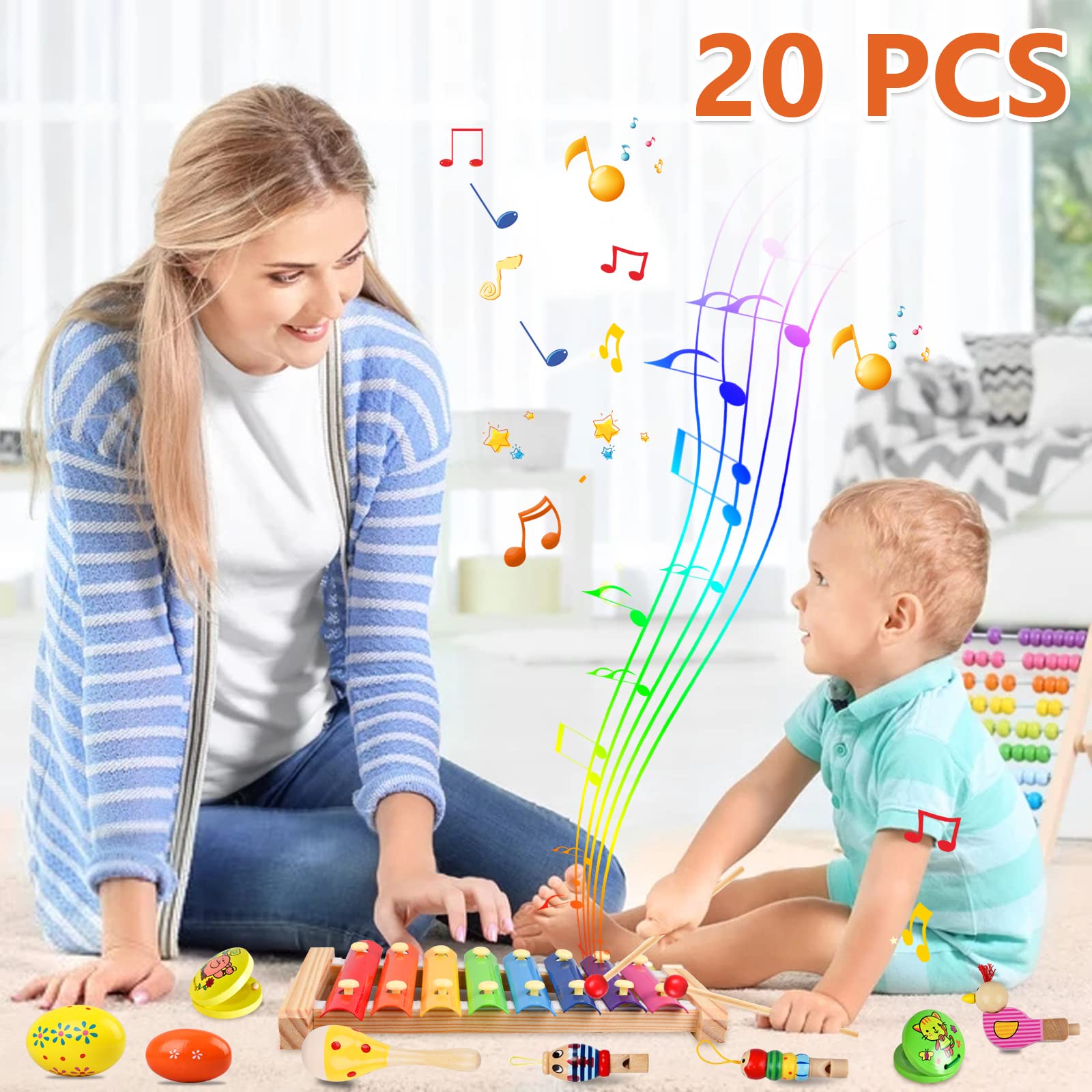 20-Piece Kids Musical Instruments Set - Wooden Shakers, Tambourine, Xylophone & Percussion Toys for Early Learning | Perfect Gift for Boys & Girls with Carrying Bag | Ideal for Preschool Music Class, Birthday Parties & Home Playtime