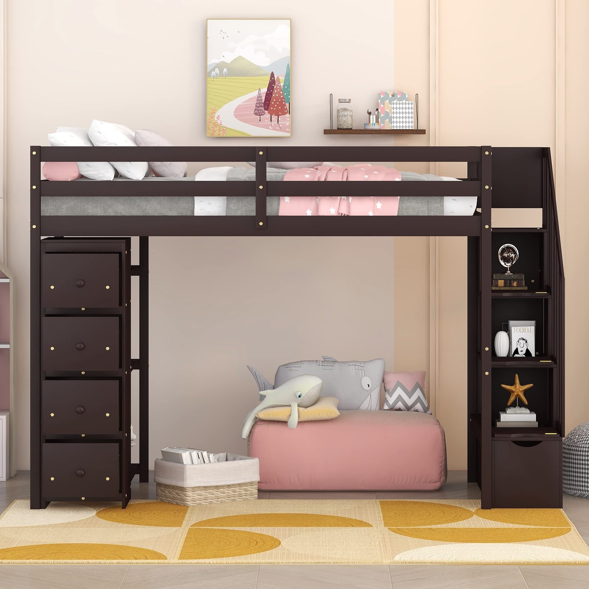 Merax Twin-Size Wooden Loft Bed with Storage Drawers, Stairs & Shelves - Space-Saving Kids & Teens Bedroom Furniture for Small Rooms - Espresso Finish