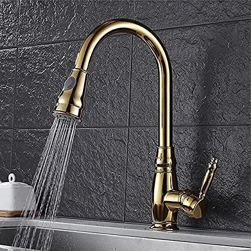 Stainless Steel Pull Down Kitchen Faucet with Single Handle - Deck Mounted Hot & Cold Water Mixer Tap, Rotatable Spray Head (Gold) - Perfect for Modern Kitchens, Dishwashing & Food Prep