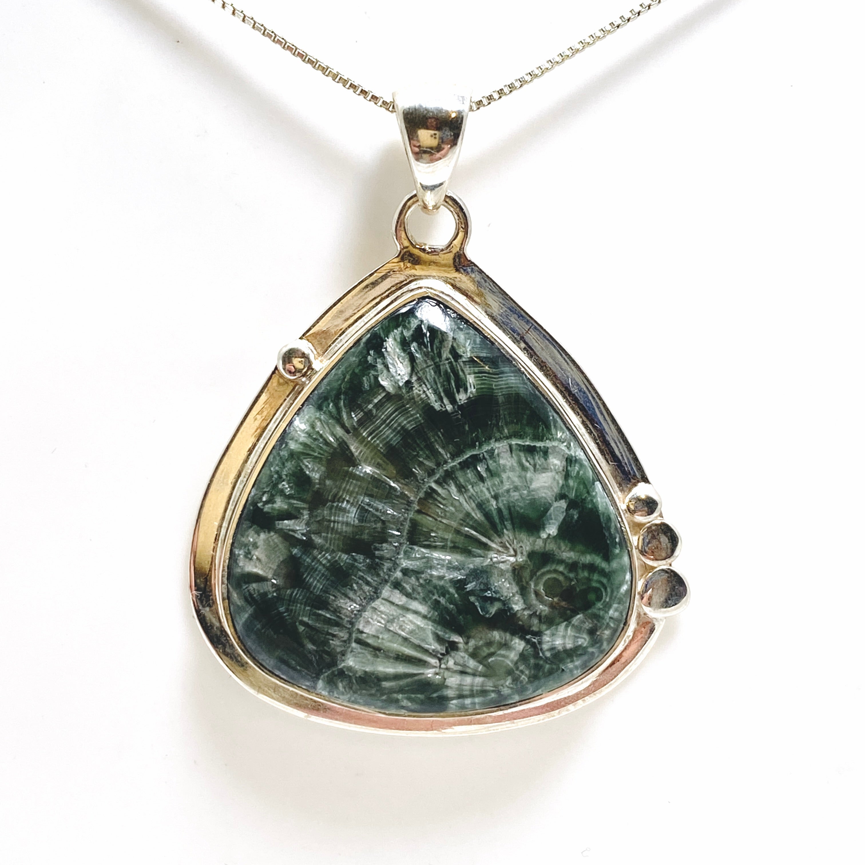 Seraphinite Teardrop Cabochon Pendant in Sterling Silver - Healing Crystal Jewelry for Meditation & Energy Work - Elegant Gift for Spiritual Seekers
