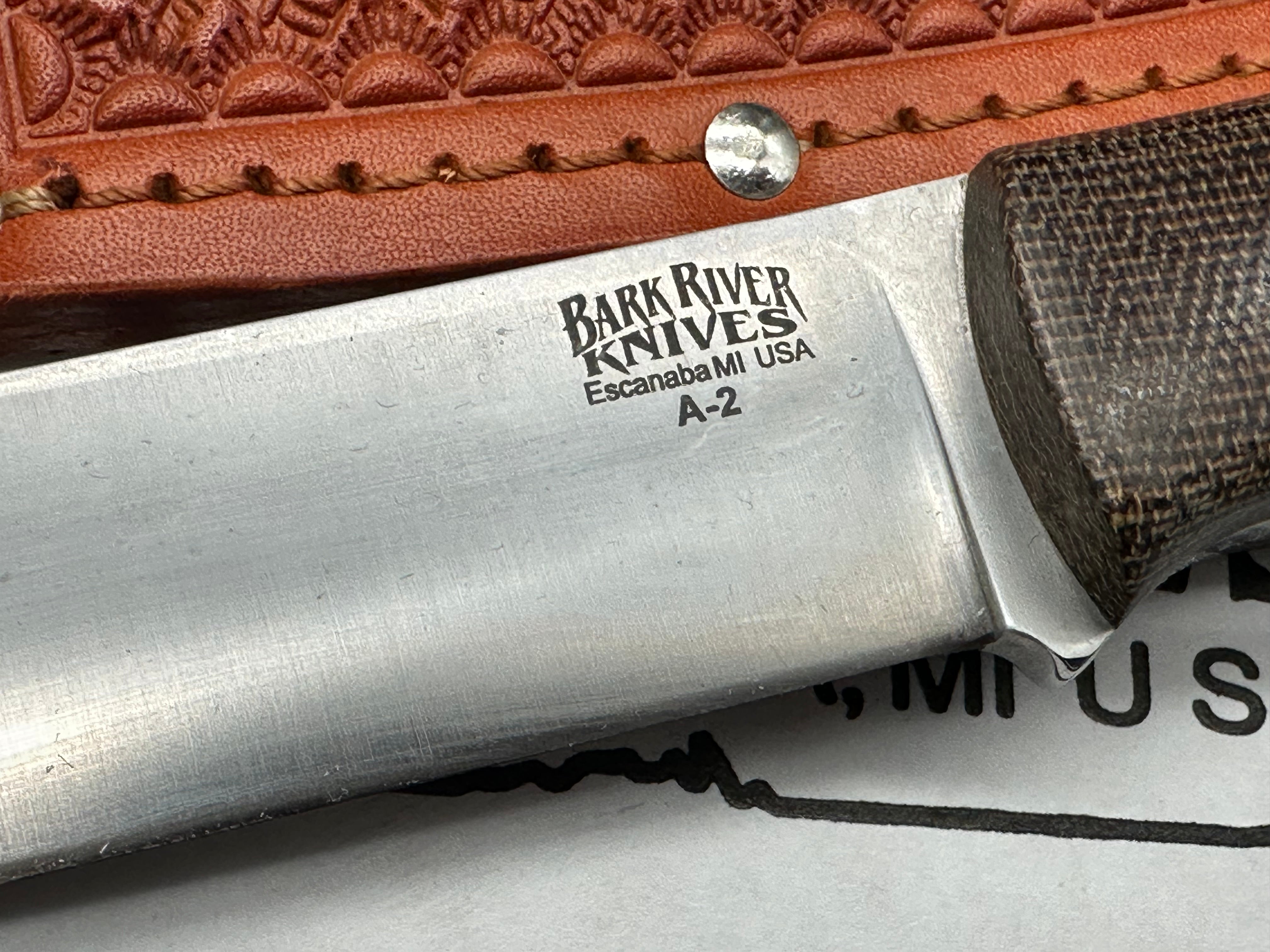 Bark River Aurora Knife with Green Canvas Micarta Scales & A2 Tool Steel Blade - Hunting, Camping, Outdoor Survival Gear with Brown Leather Sheath