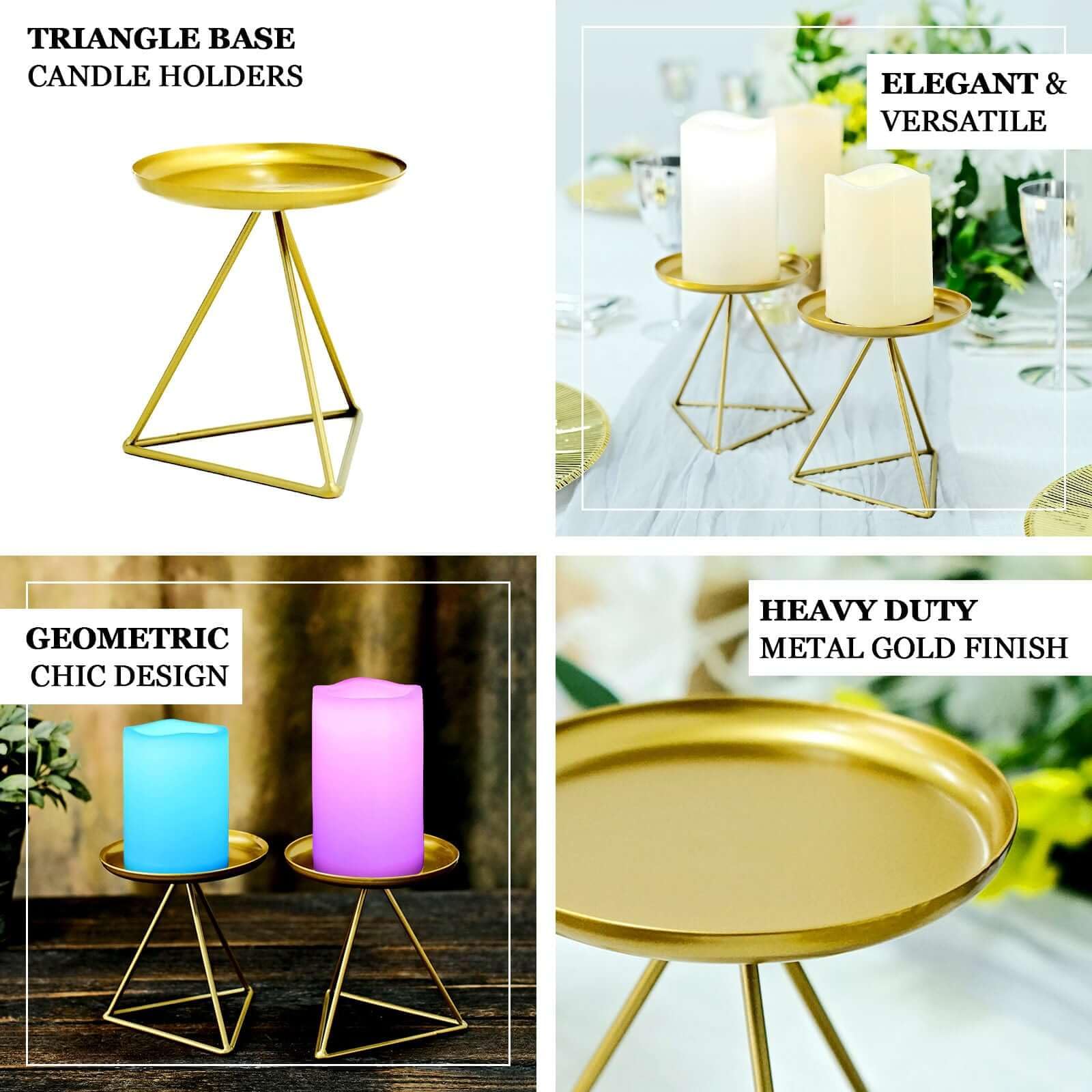 Efavormart 2 Pack 5 Inch Gold Metal Triangle Base Pillar Candle Holders - Geometric Candle Stands for Wedding Centerpieces, Table Decor, and Home Decoration
